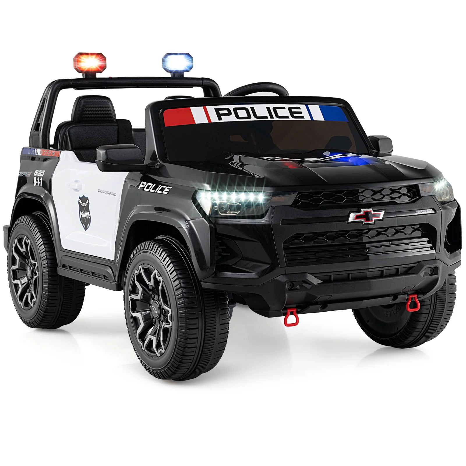 24V 2-Seater Ride on Police Car 4WD Chevrolet with Megaphone and LED Flashing Lights, Black & White