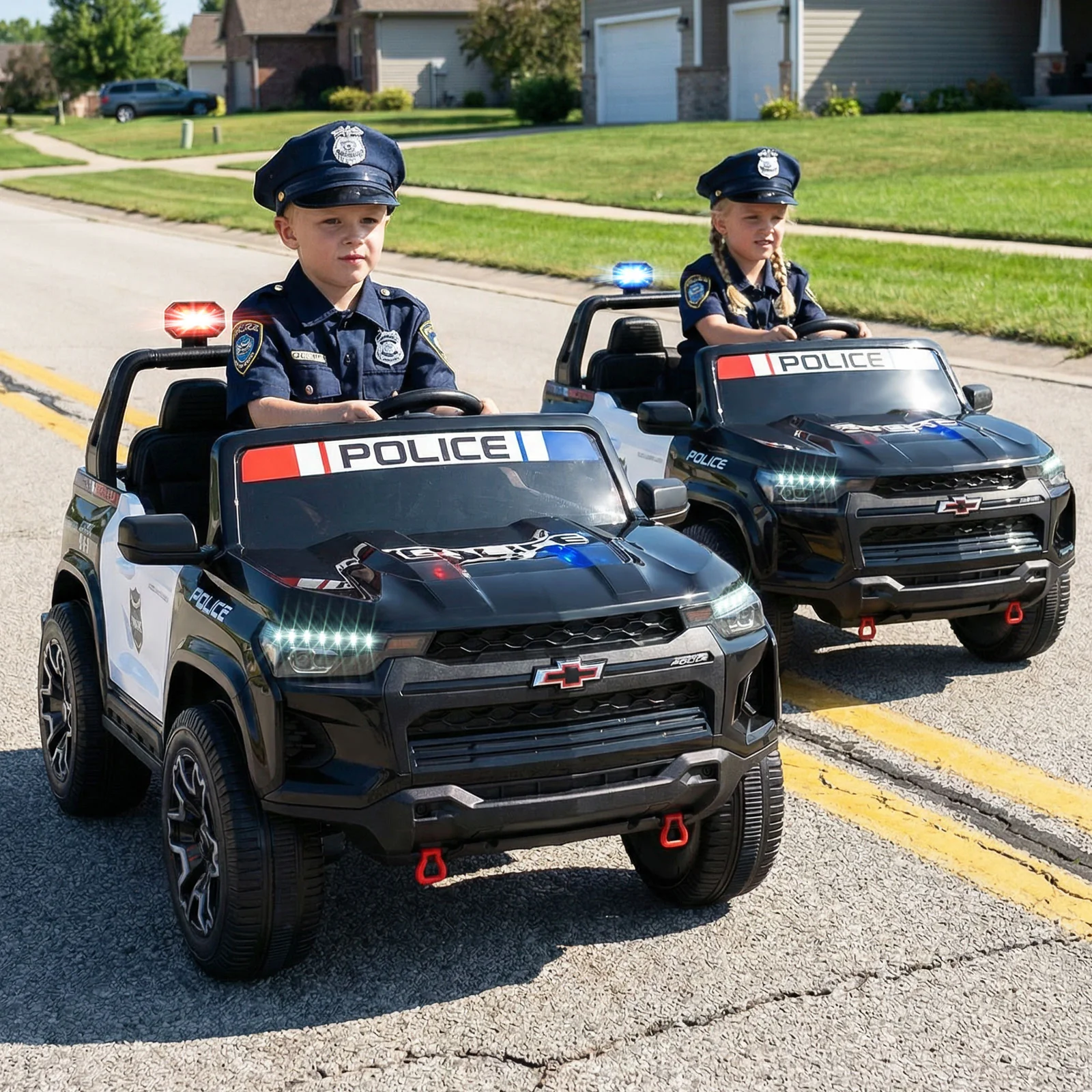 24V 2-Seater Ride on Police Car 4WD Chevrolet with Megaphone and LED Flashing Lights, Black & White - Image 2