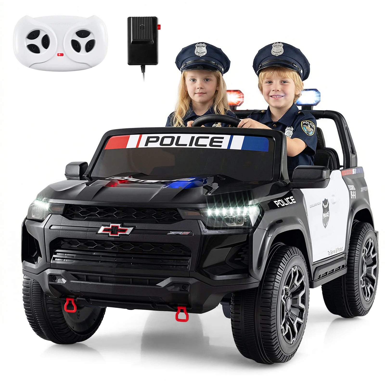 24V 2-Seater Ride on Police Car 4WD Chevrolet with Megaphone and LED Flashing Lights, Black & White - Image 4