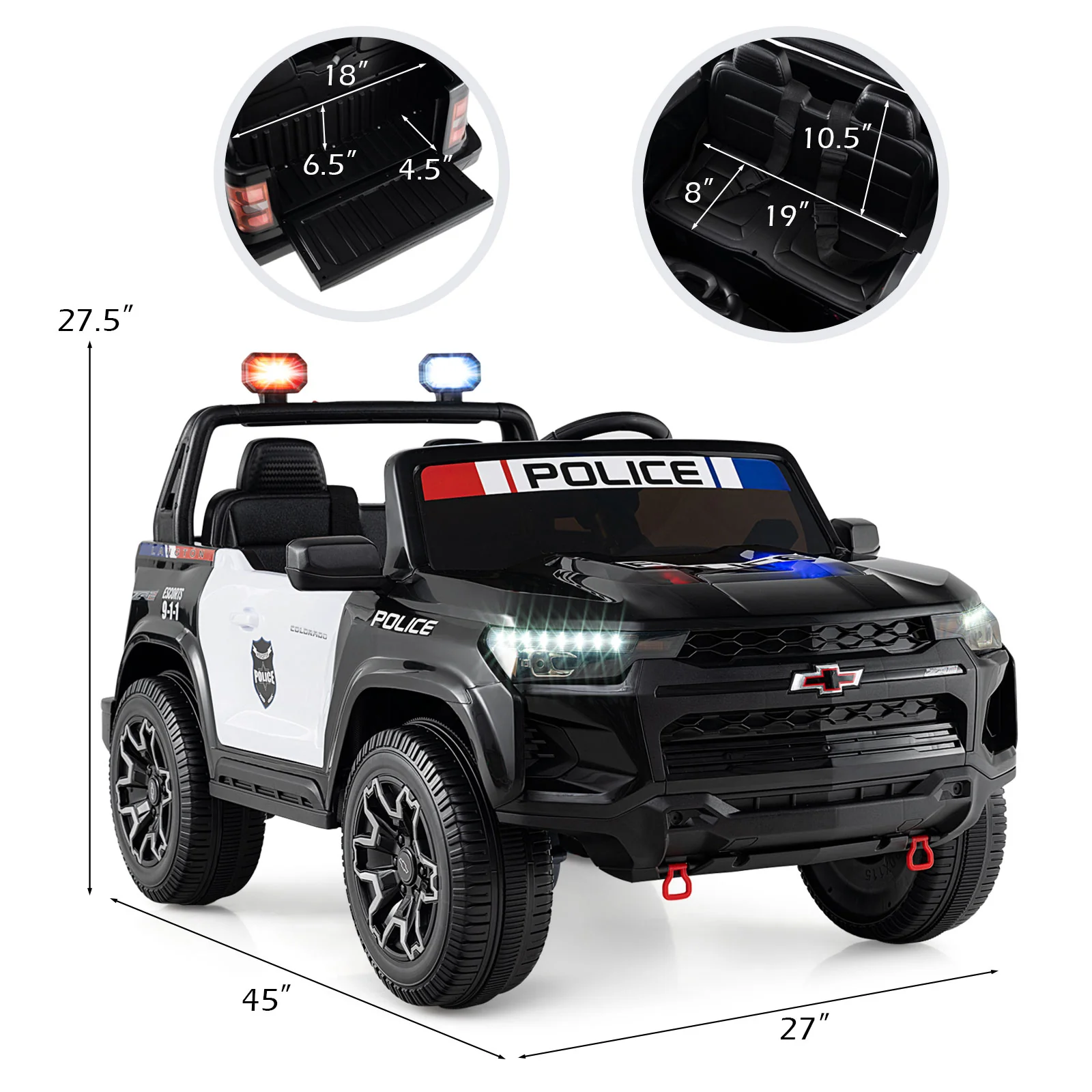 24V 2-Seater Ride on Police Car 4WD Chevrolet with Megaphone and LED Flashing Lights, Black & White - Image 5
