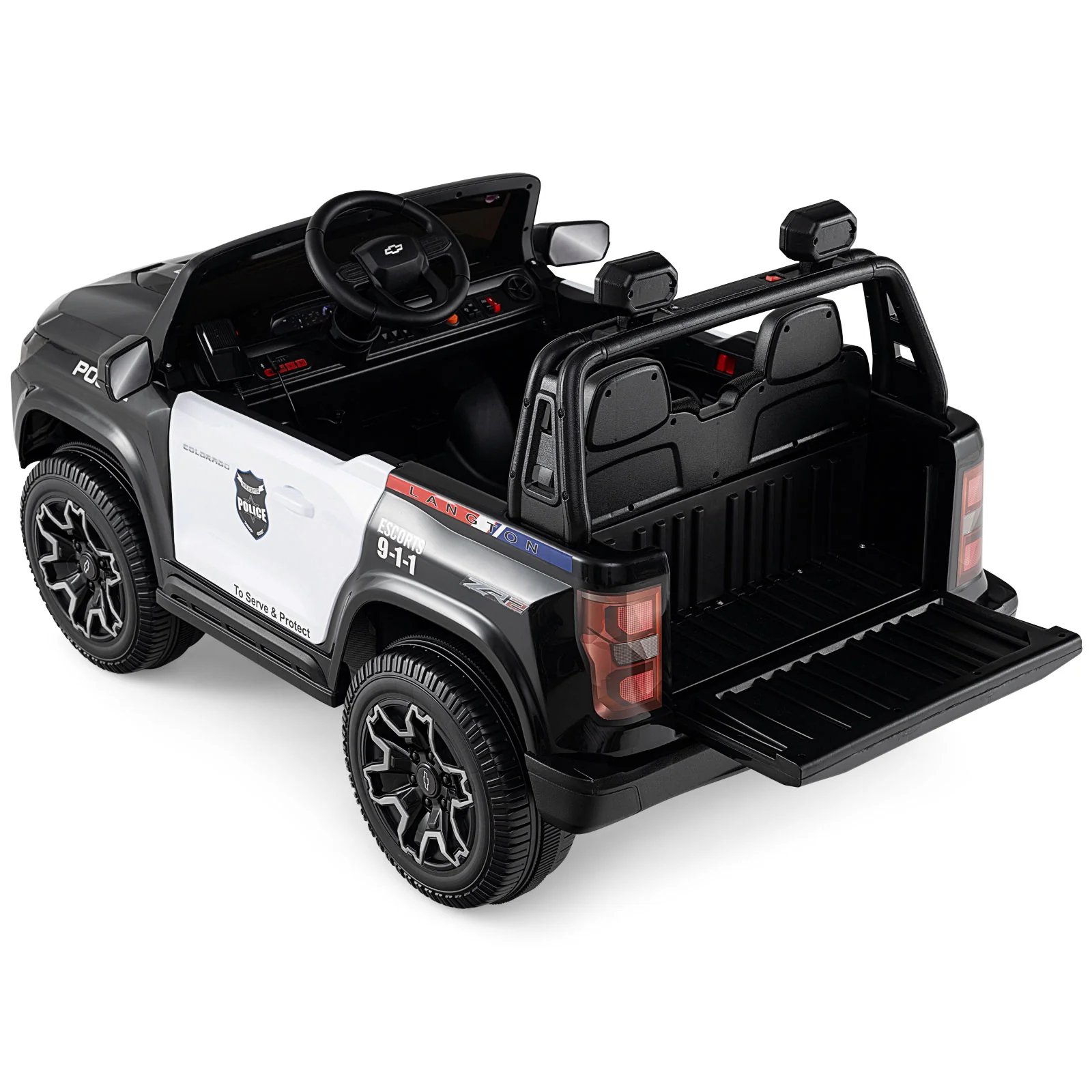 24V 2-Seater Ride on Police Car 4WD Chevrolet with Megaphone and LED Flashing Lights, Black & White - Image 6