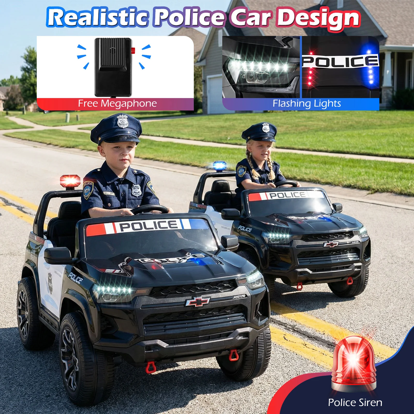 24V 2-Seater Ride on Police Car 4WD Chevrolet with Megaphone and LED Flashing Lights, Black & White - Image 7