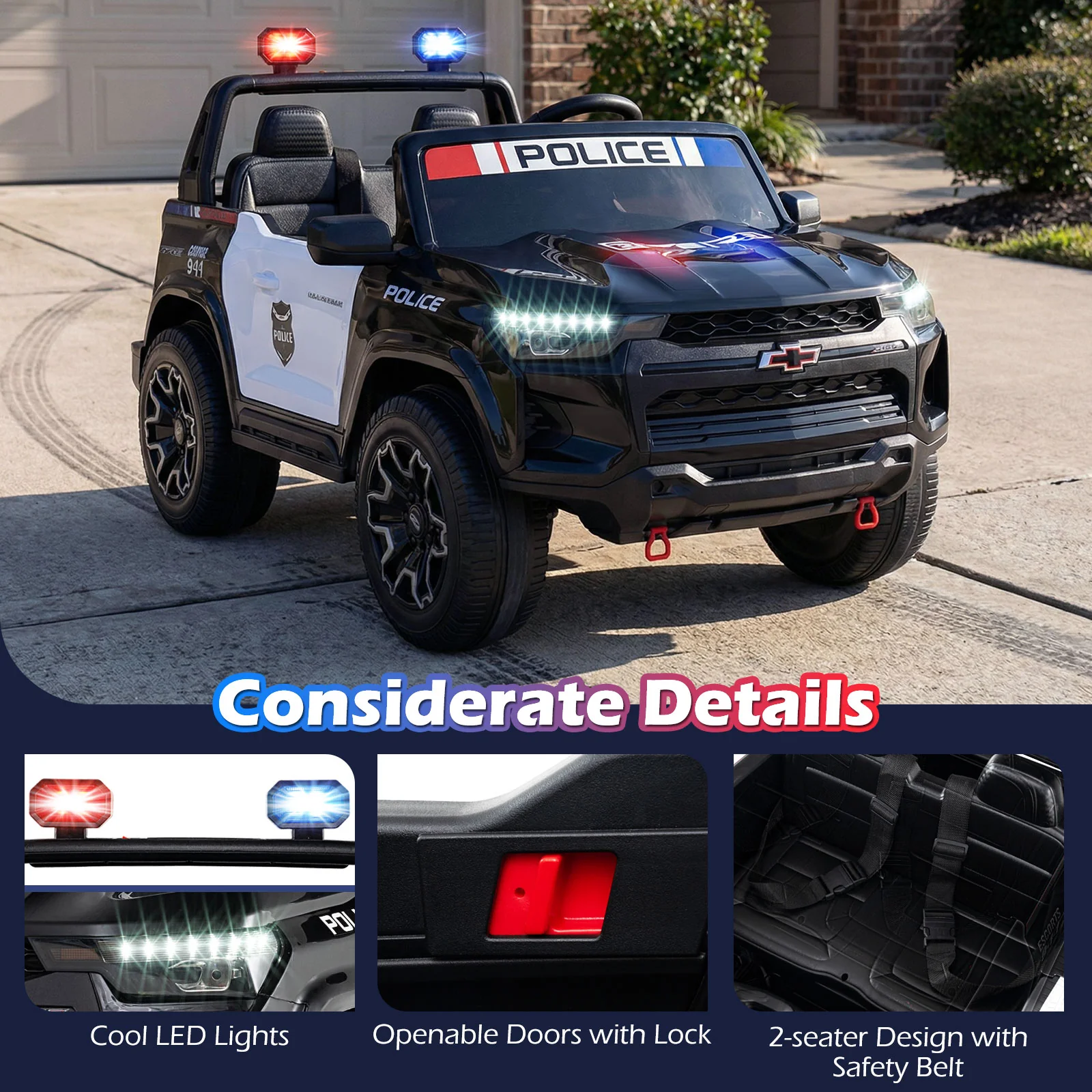 24V 2-Seater Ride on Police Car 4WD Chevrolet with Megaphone and LED Flashing Lights, Black & White - Image 8