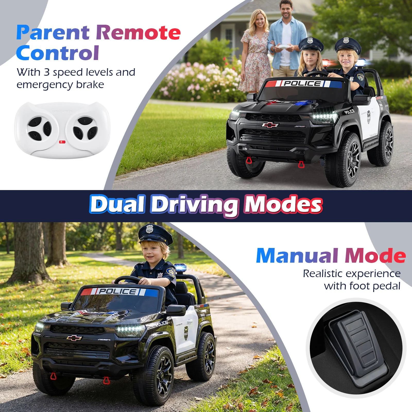 24V 2-Seater Ride on Police Car 4WD Chevrolet with Megaphone and LED Flashing Lights, Black & White - Image 9