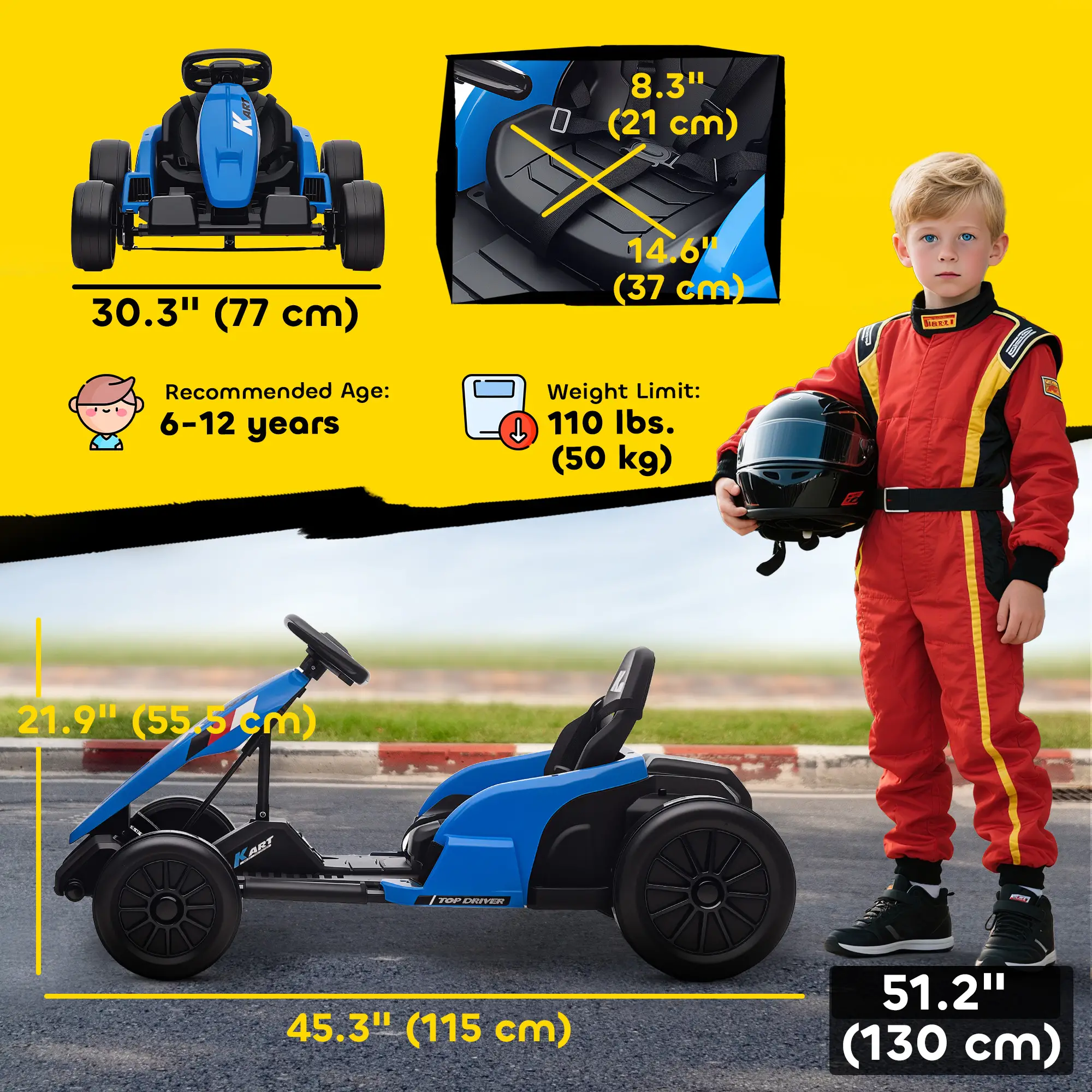 24V Electric Go Kart, Dual 150W Motors, Adjustable Seat, 11.2MPH, Blue - Image 3