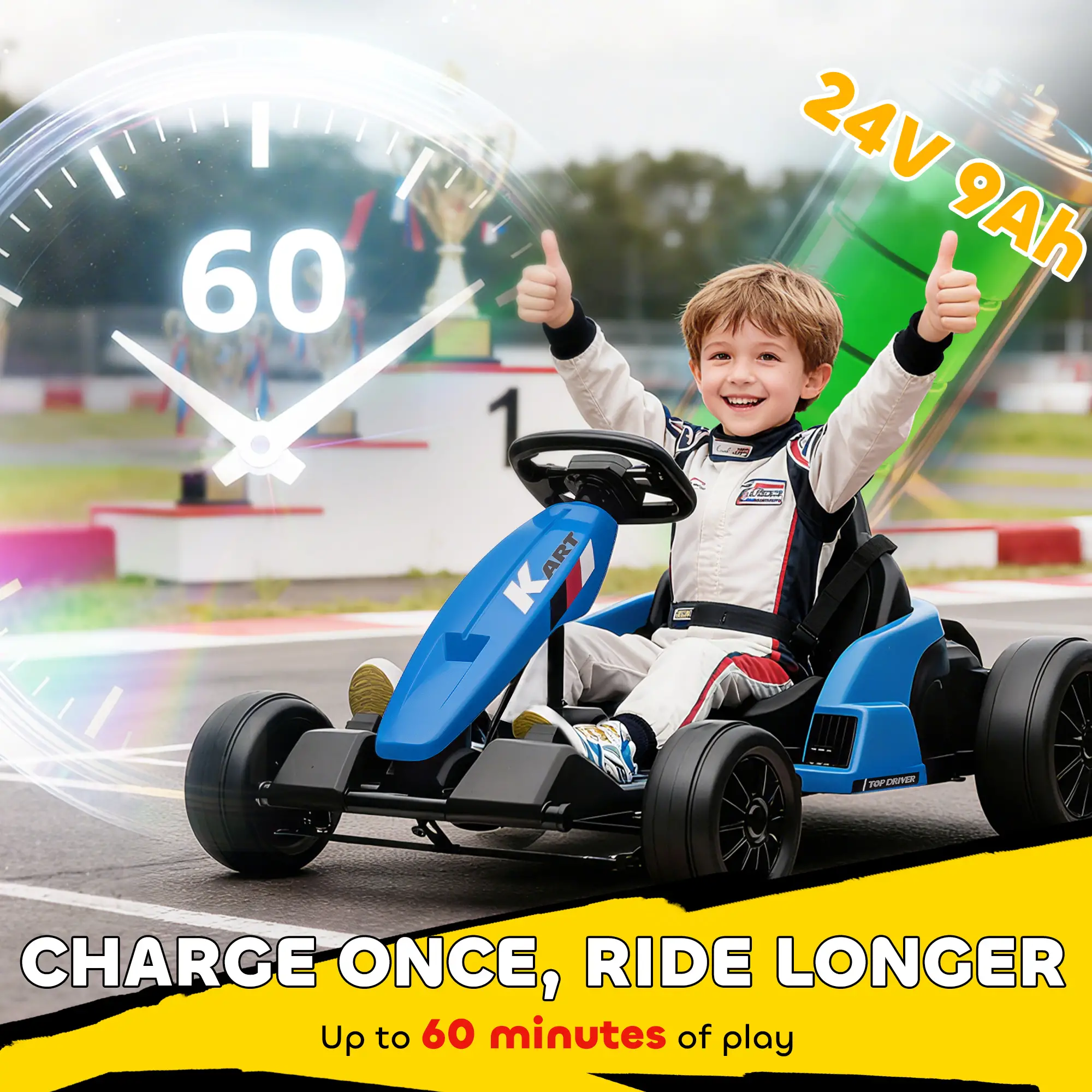 24V Electric Go Kart, Dual 150W Motors, Adjustable Seat, 11.2MPH, Blue - Image 5