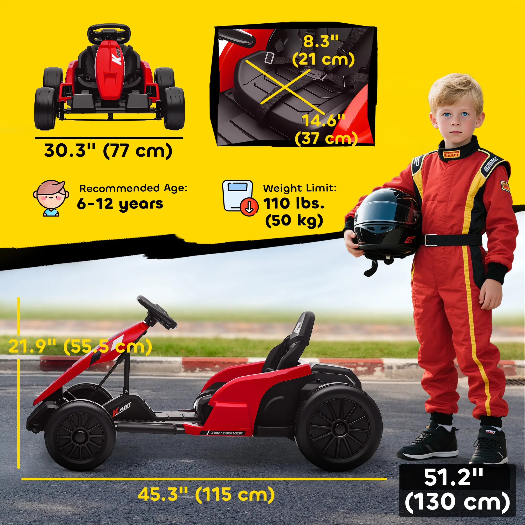 24V Electric Go Kart, Dual 150W Motors, Adjustable Seat, 11.2MPH, Red - Image 3