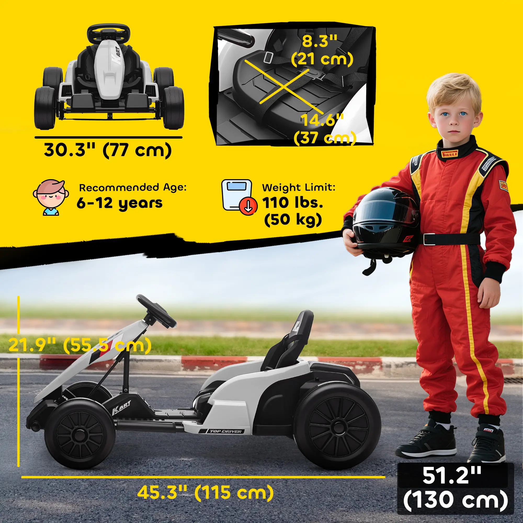 24V Electric Go Kart, Dual 150W Motors, Adjustable Seat, 11.2MPH, White - Image 3