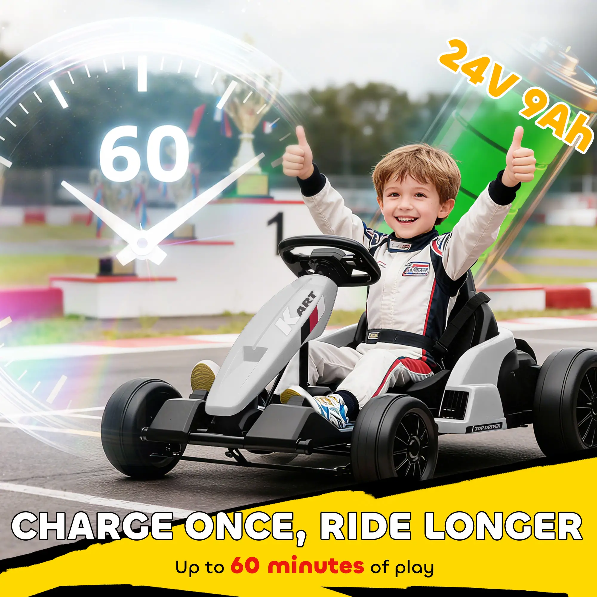 24V Electric Go Kart, Dual 150W Motors, Adjustable Seat, 11.2MPH, White - Image 5