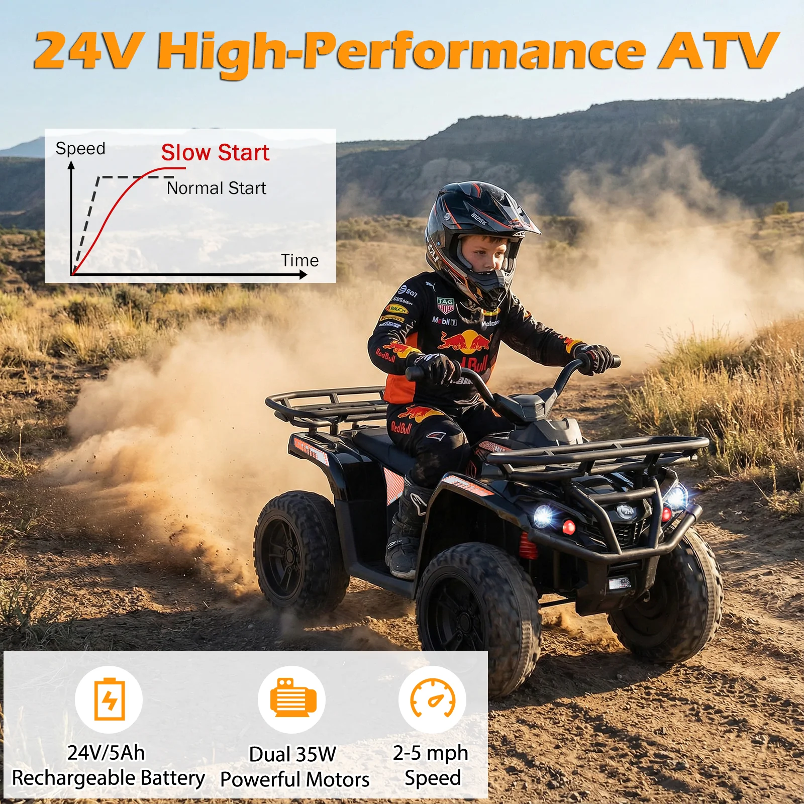 24V Electric Ride On Quad with LED Headlights-Black-2 Pieces, (2 pieces) Black + Black - Image 6