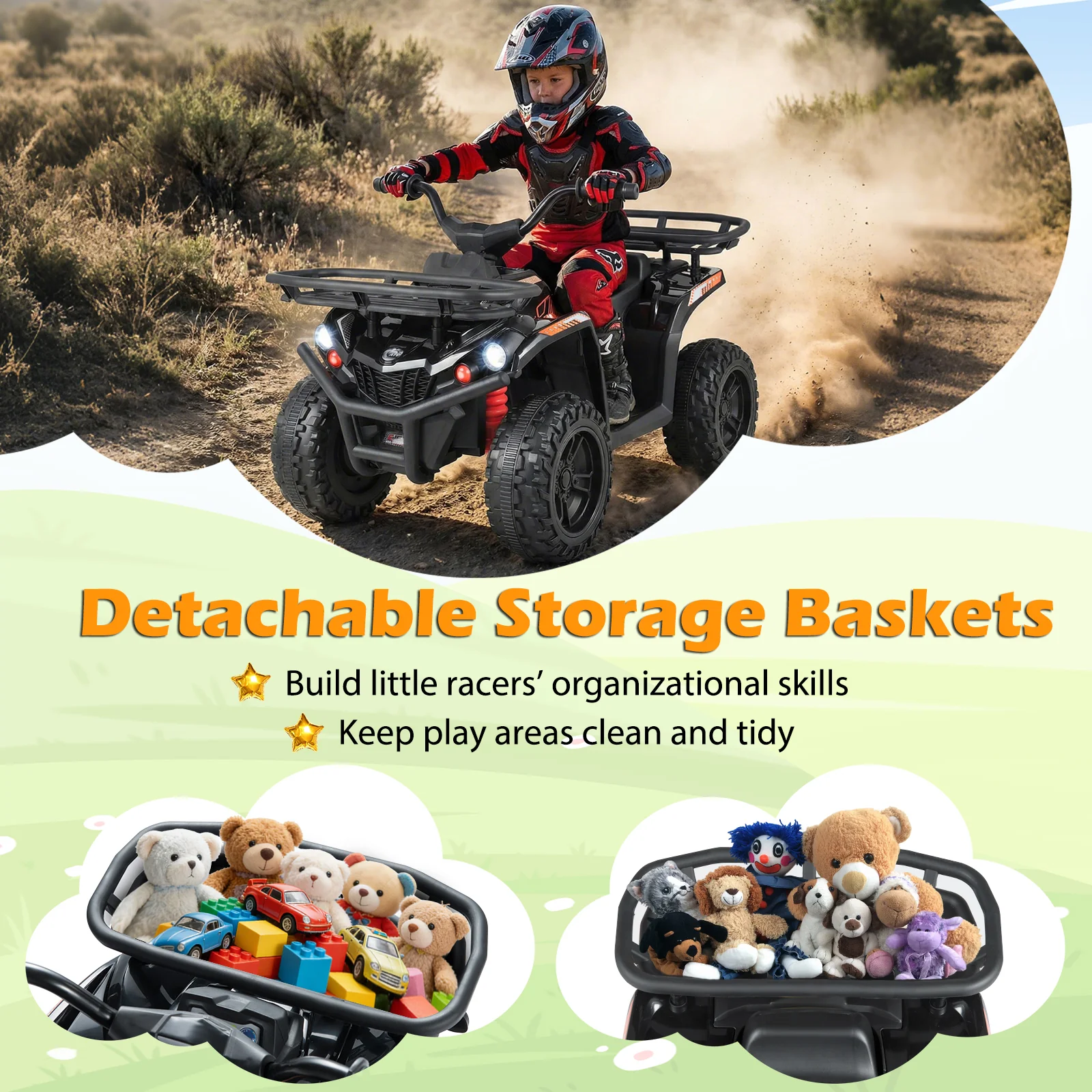 24V Electric Ride On Quad with LED Headlights-Black-2 Pieces, (2 pieces) Black + Black - Image 8