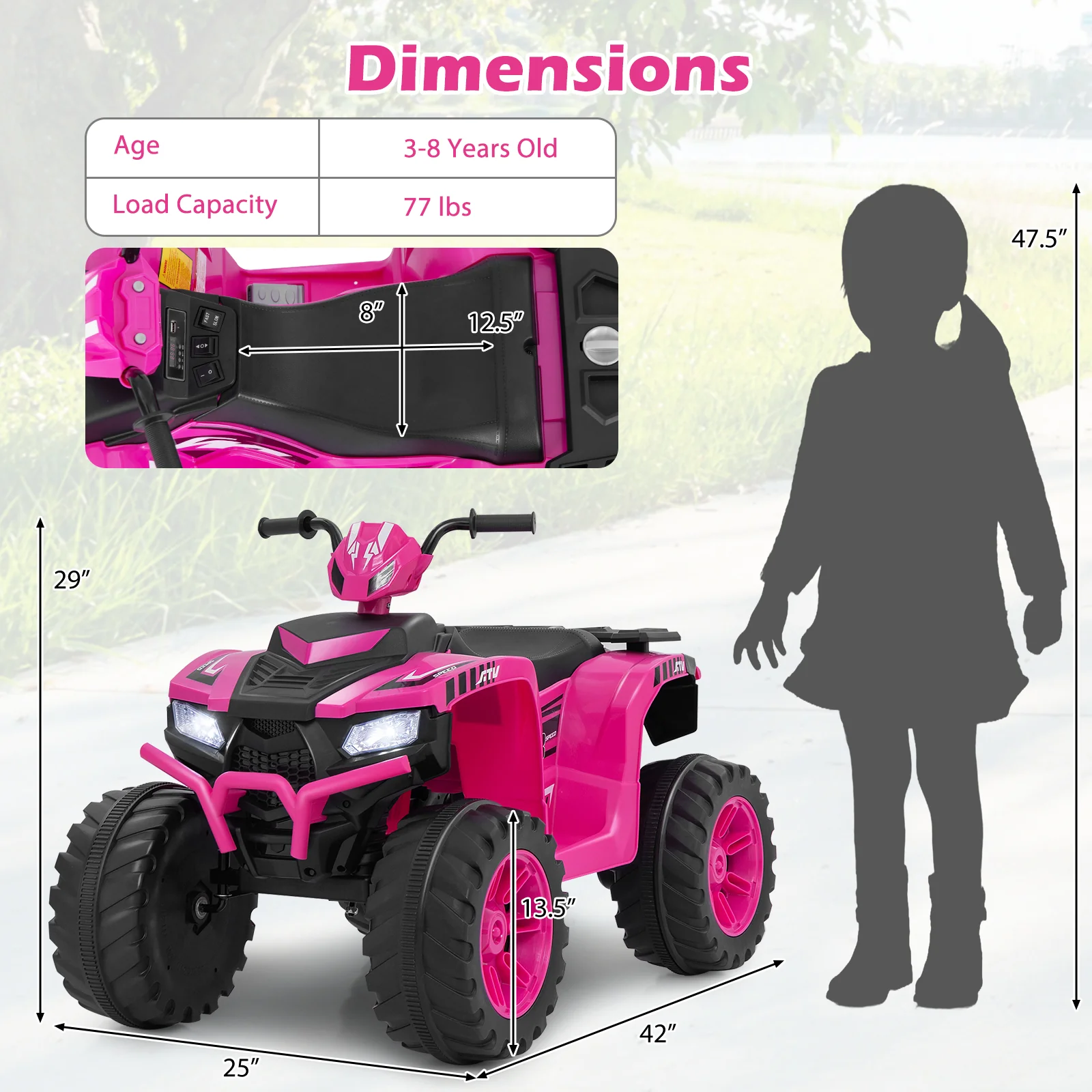 24V Kids Electric ATV, For Toddlers 3-8 Years, Pink - Image 6
