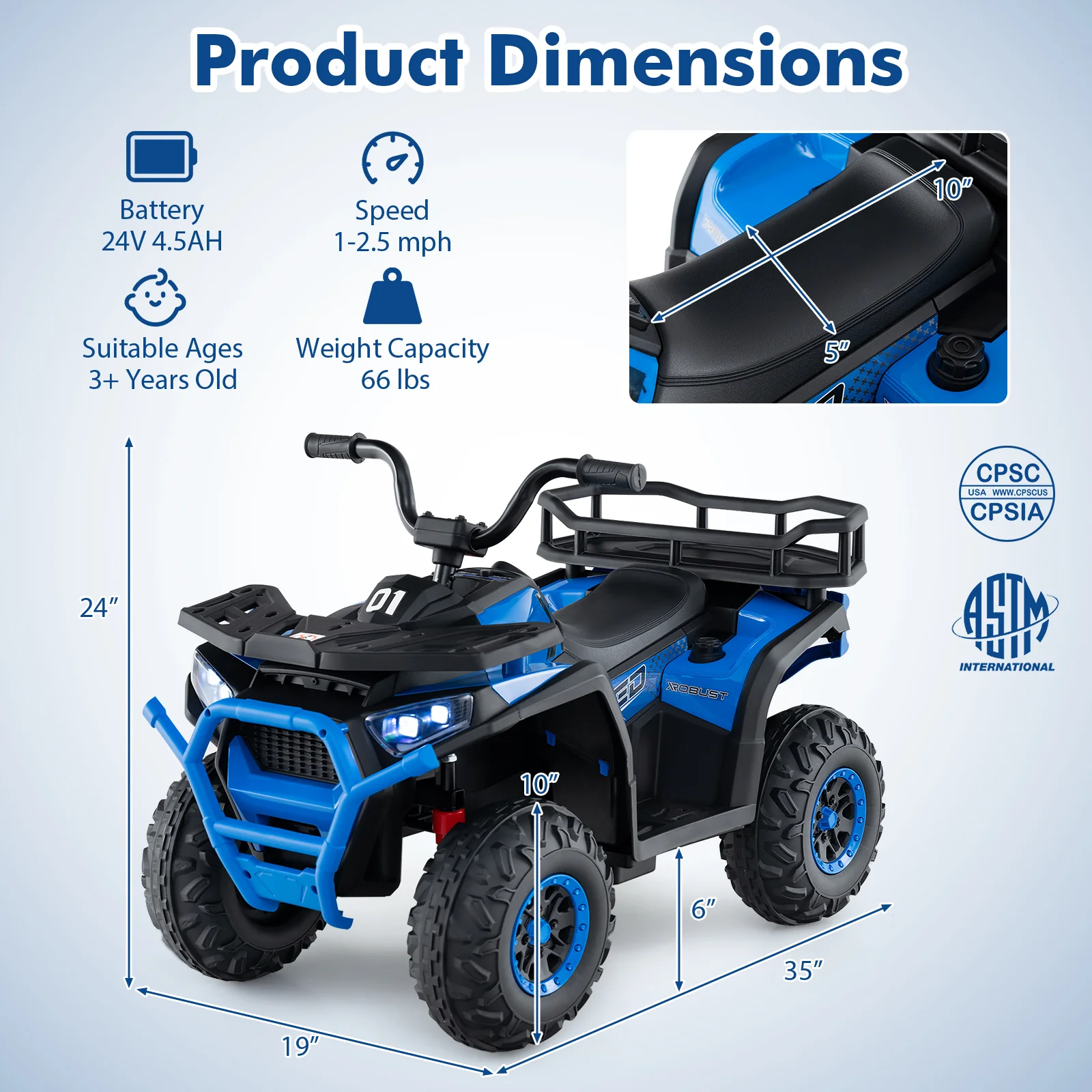 24V Kids Electric ATV Quad Car, Navy - Image 6