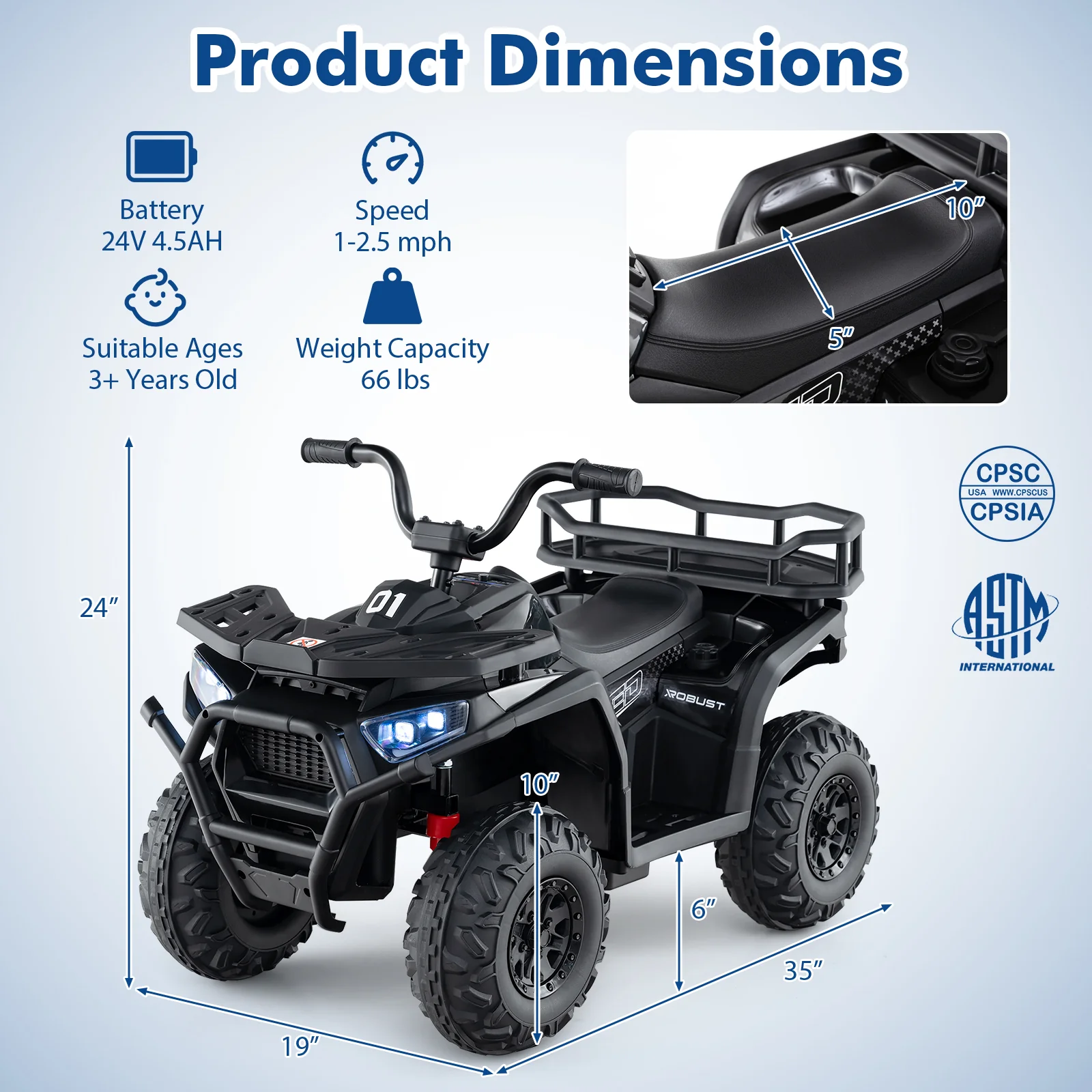 24V Kids Electric ATV Quad Car, Realistic Sounds, LED Lights, Black - Image 6