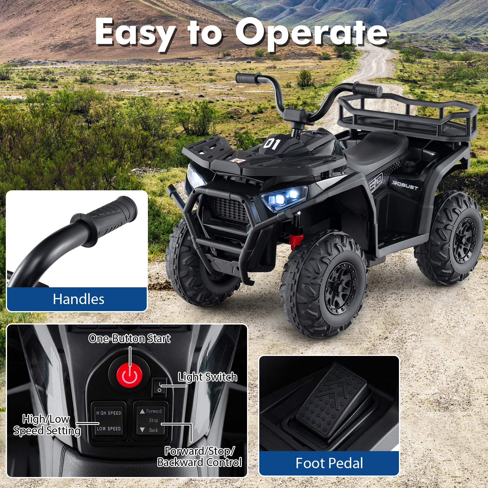 24V Kids Electric ATV Quad Car, Realistic Sounds, LED Lights, Black - Image 8