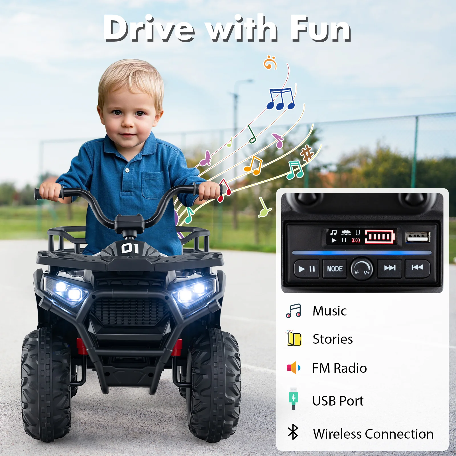 24V Kids Electric ATV Quad Car, Realistic Sounds, LED Lights, Black - Image 9
