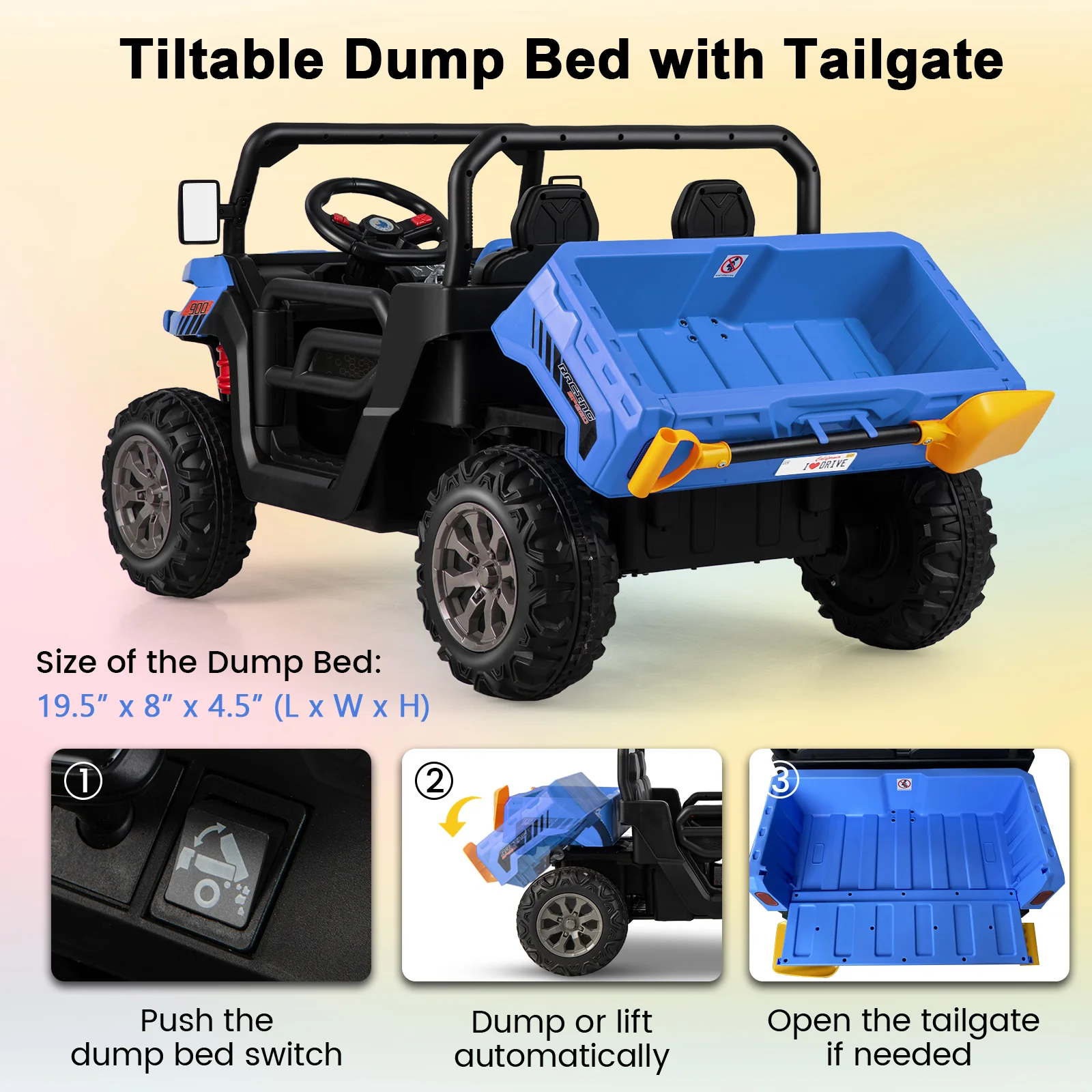 24V Kids Ride On Car With Dump Bed, Remote Control, Navy - Image 10