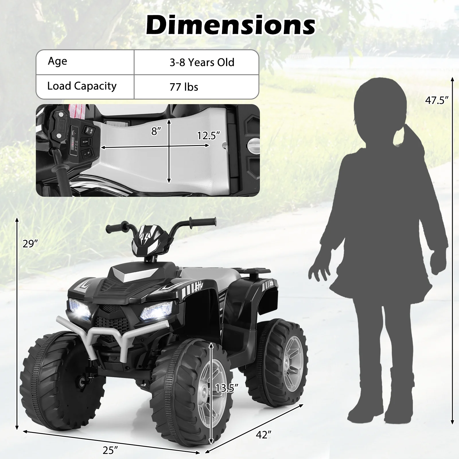 24V Kids Ride On Electric ATV, Wireless, Toddlers 3-8 Years, Black - Image 5