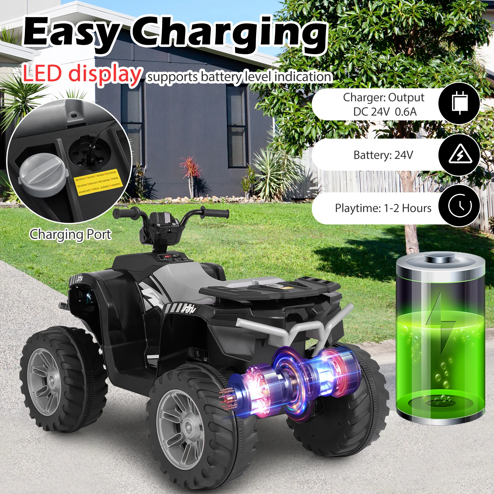 24V Kids Ride On Electric ATV, Wireless, Toddlers 3-8 Years, Black - Image 9