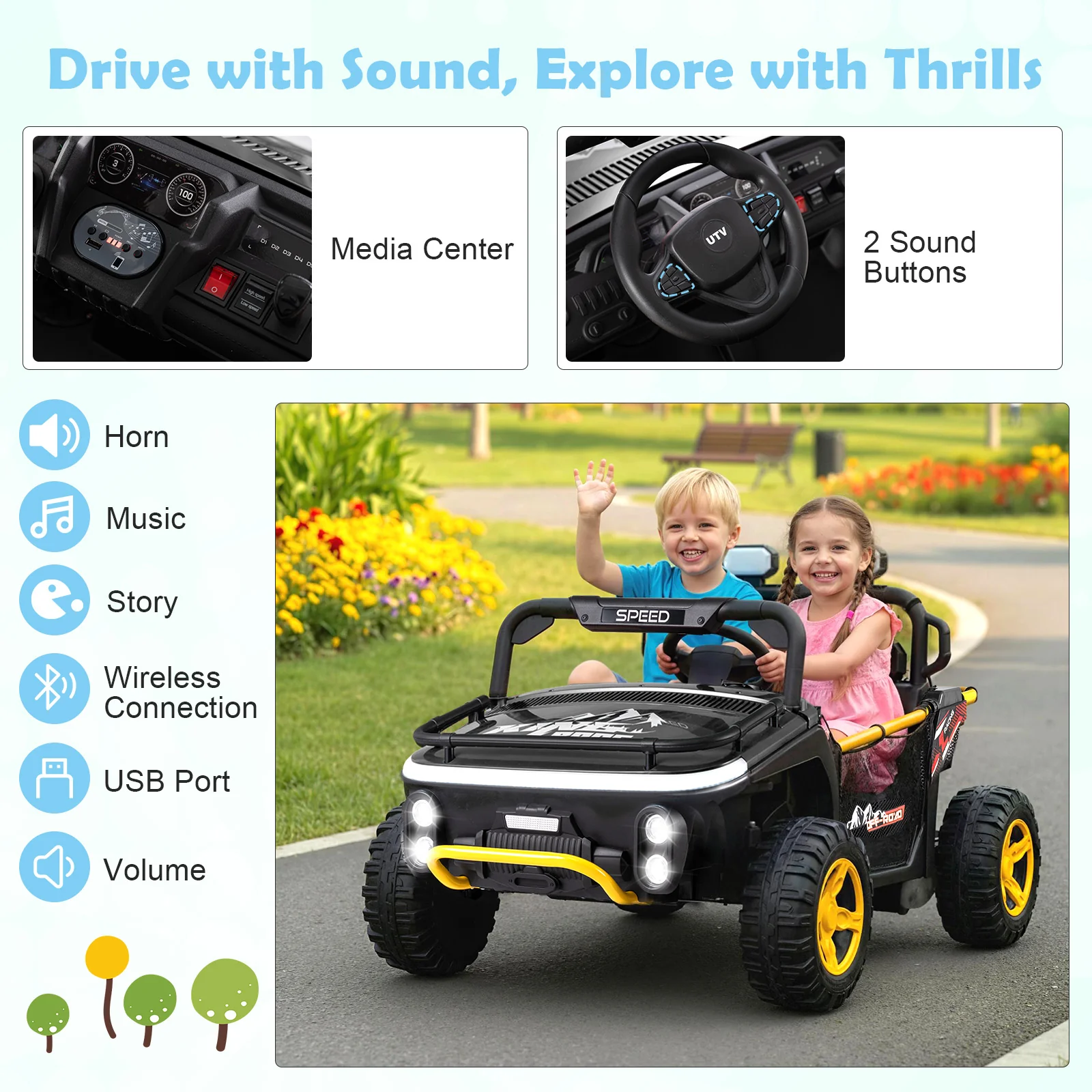 24V Ride on Toy for Kids 2 Seater Ride on Truck Car with Horn Music Story, Black - Image 7