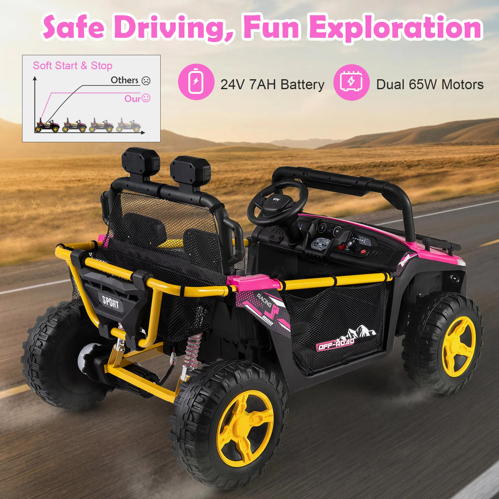 24V Ride on Toy for Kids 2 Seater Ride on Truck Car with Horn Music Story, Pink - Image 10