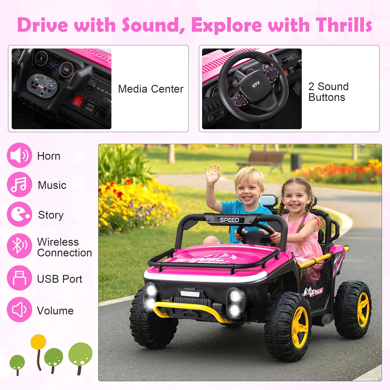 24V Ride on Toy for Kids 2 Seater Ride on Truck Car with Horn Music Story, Pink - Image 7