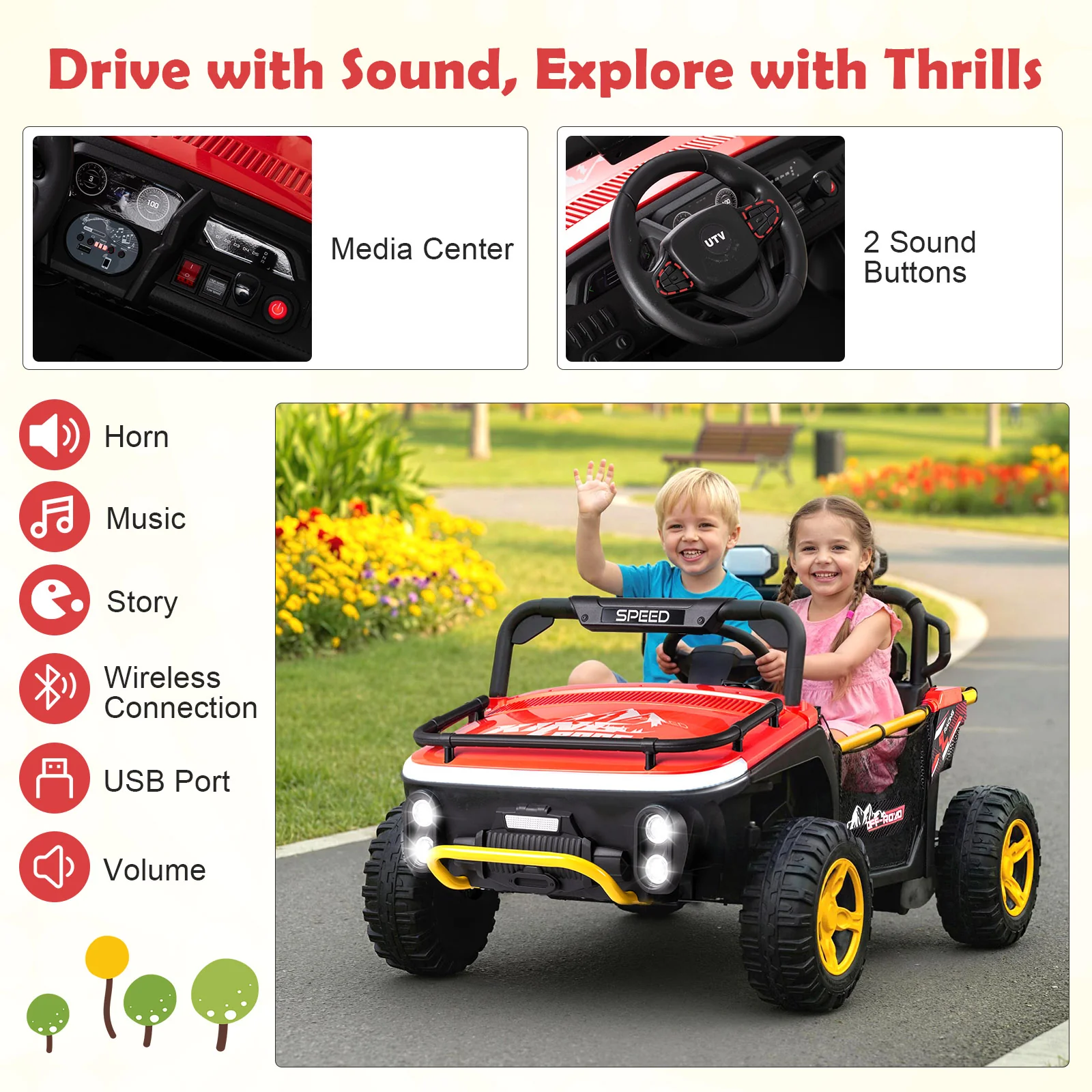 24V Ride on Toy for Kids 2 Seater Ride on Truck Car with Horn Music Story, Red - Image 7