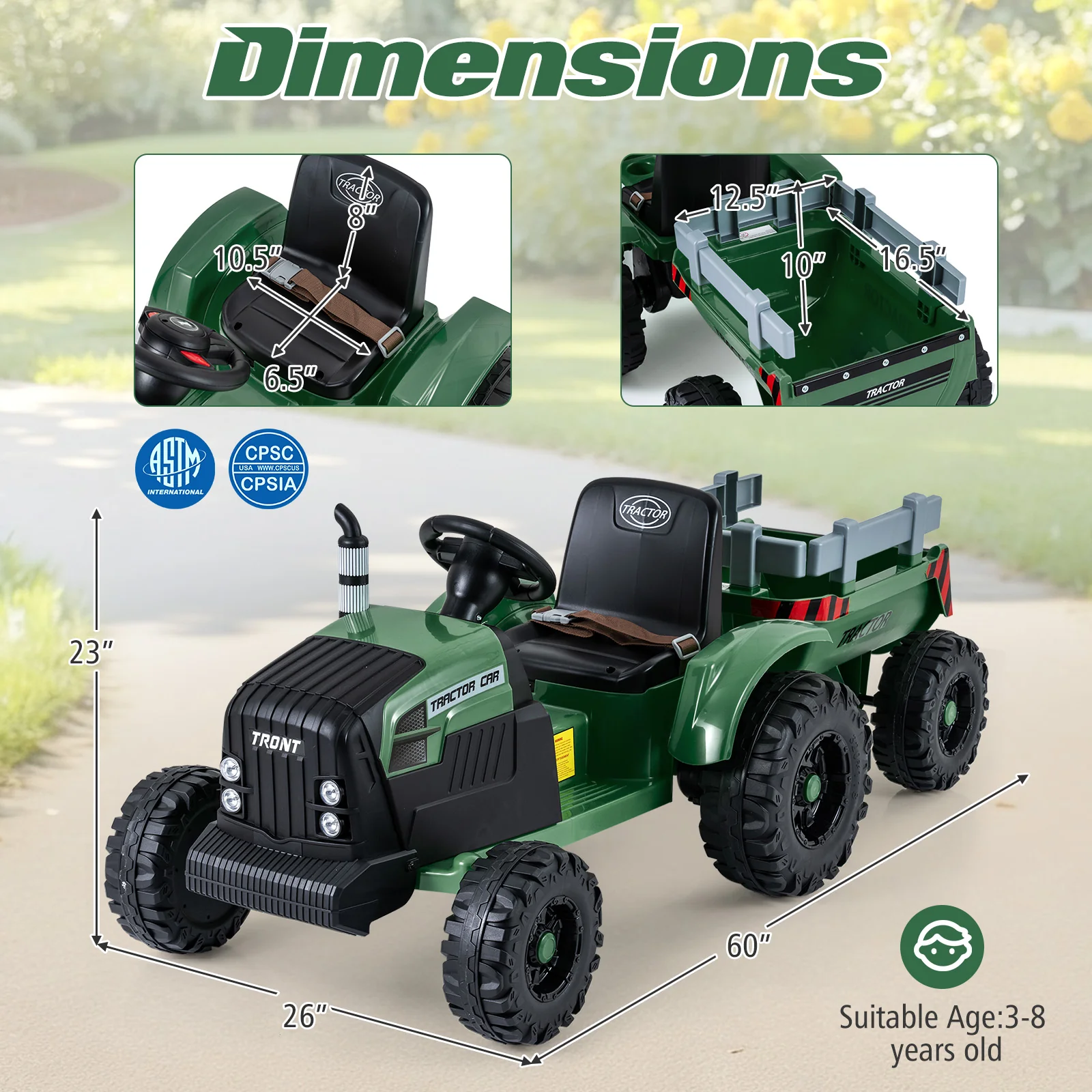 24V Ride On Tractor For Kids, Detachable Trailer, Remote Control, Dark Green - Image 5