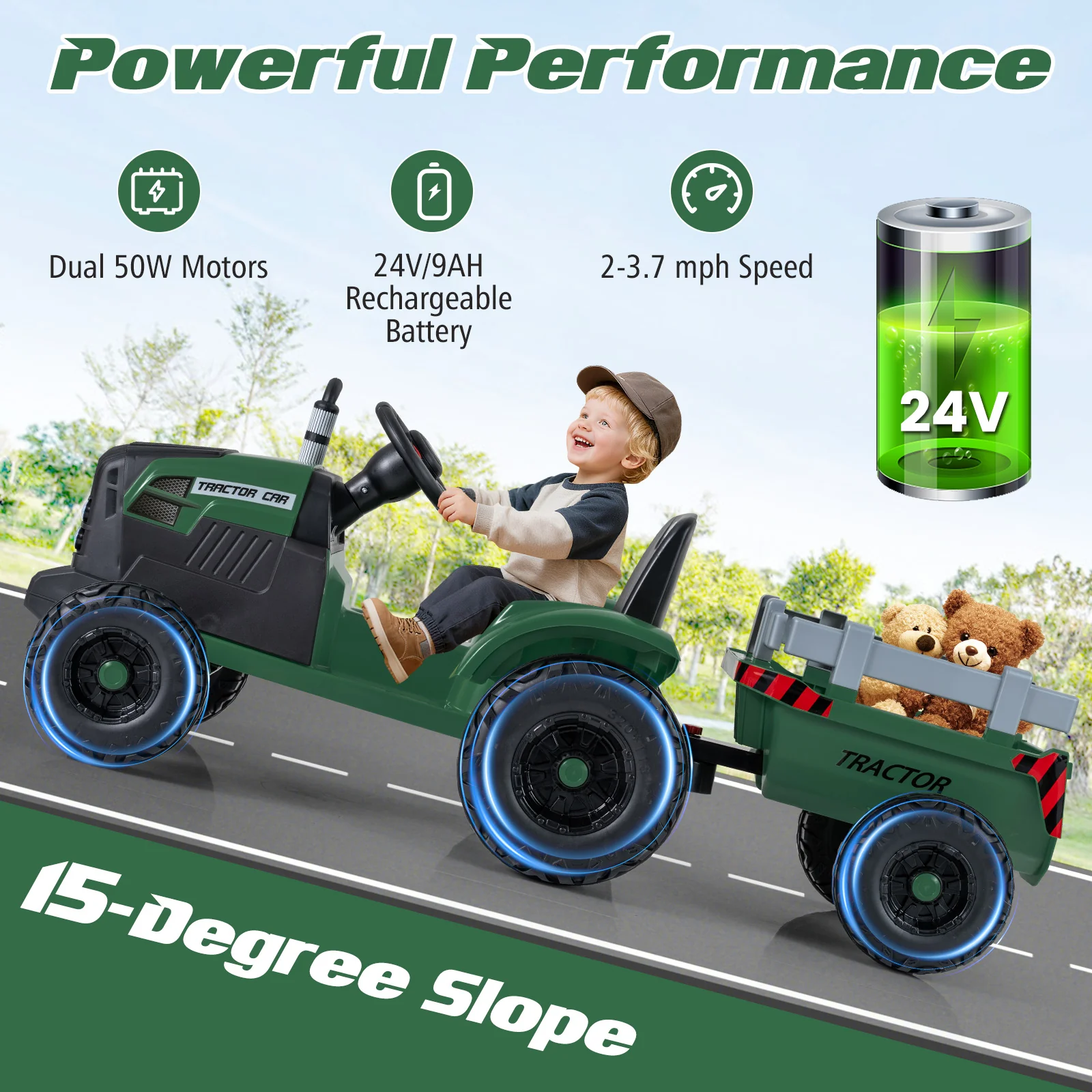 24V Ride On Tractor For Kids, Detachable Trailer, Remote Control, Dark Green - Image 7