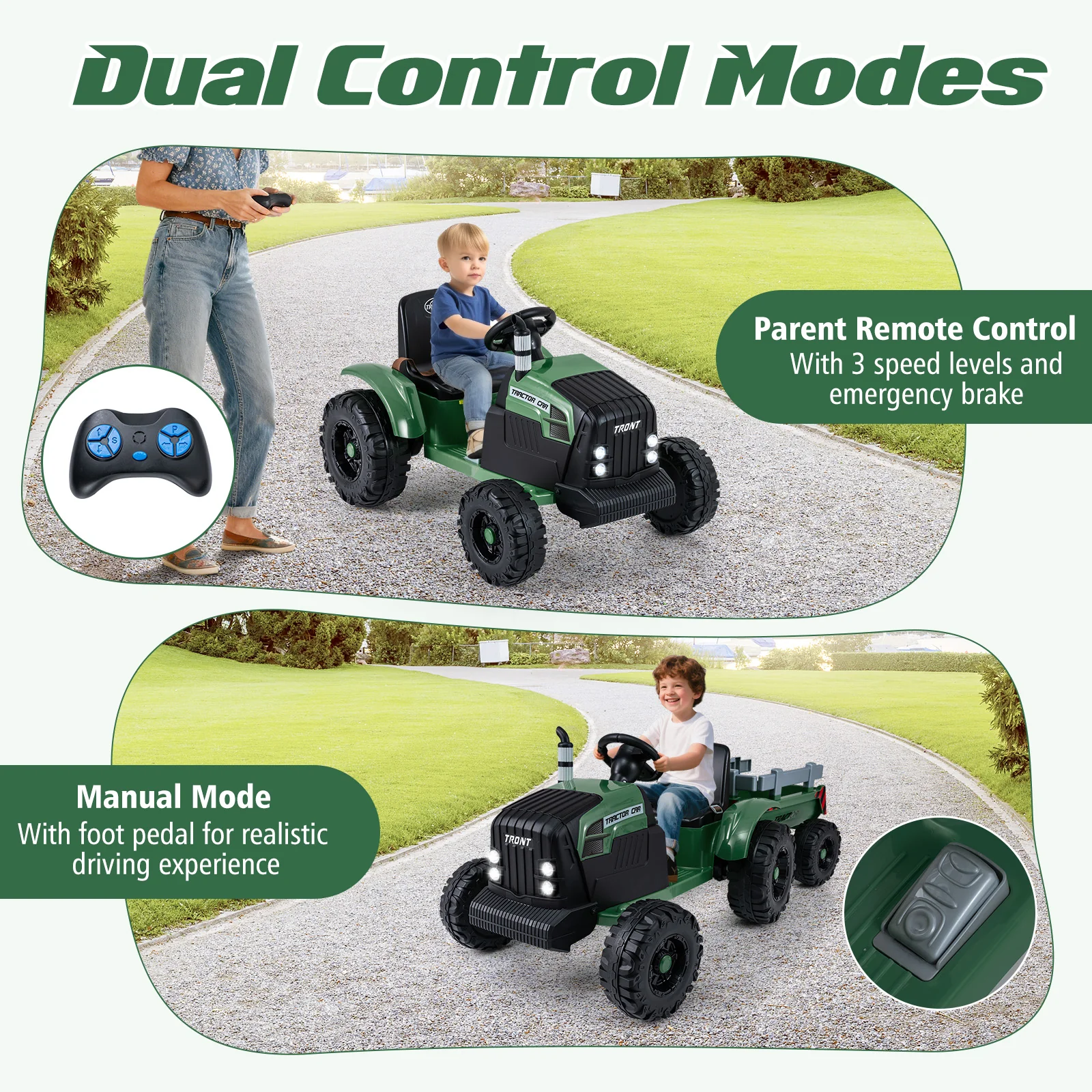 24V Ride On Tractor For Kids, Detachable Trailer, Remote Control, Dark Green - Image 9
