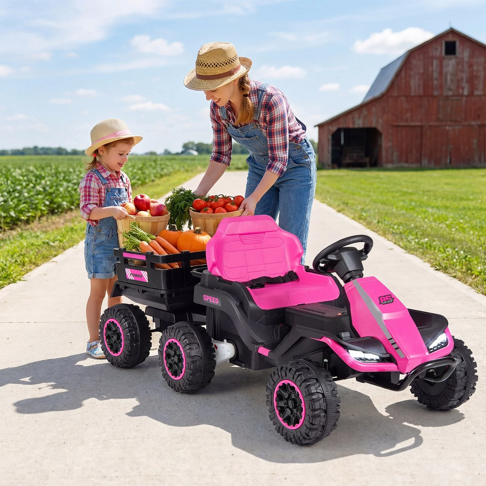 24V Ride On Tractor With Detachable Trailer, Pink - Image 2