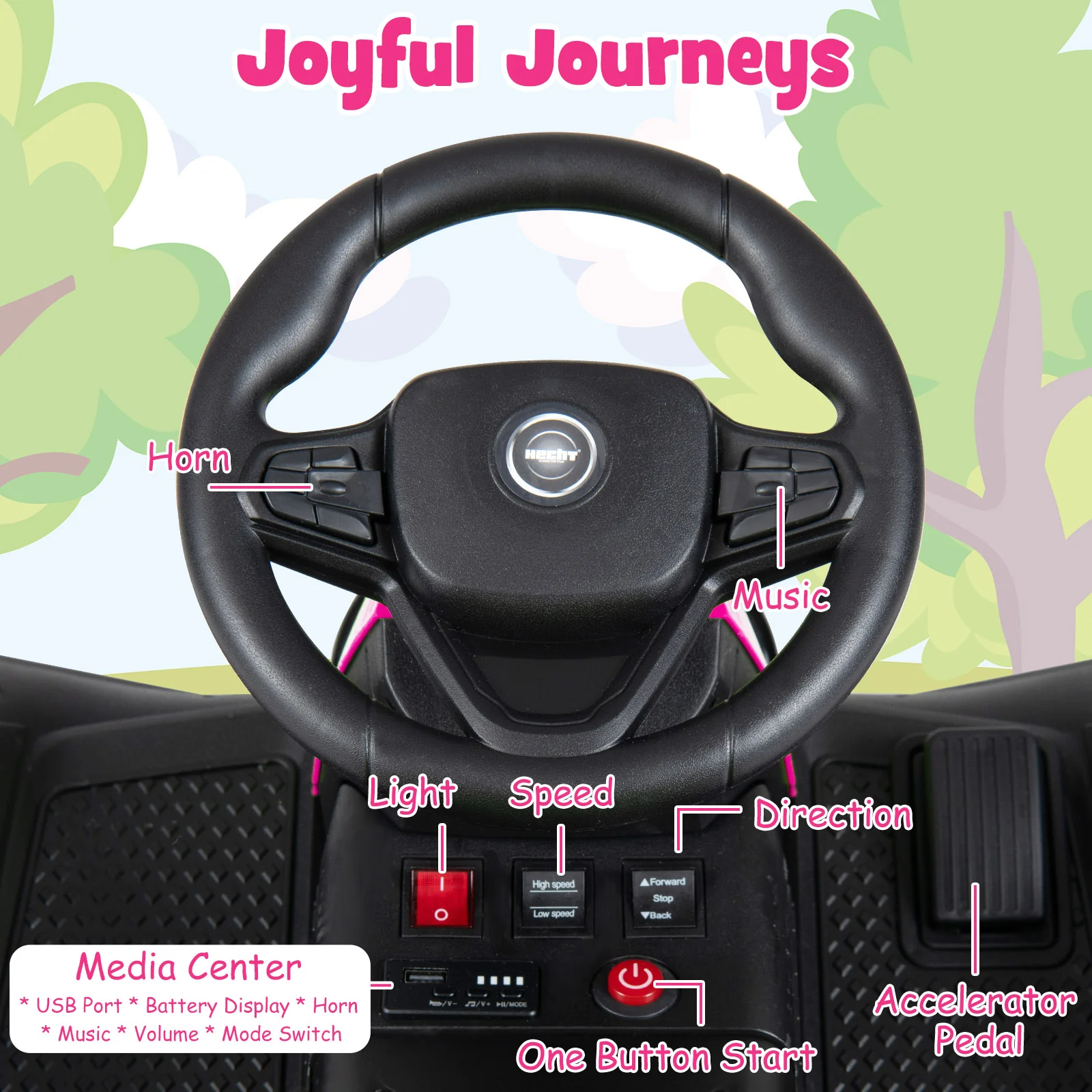 24V Ride On Tractor With Detachable Trailer, Pink - Image 6