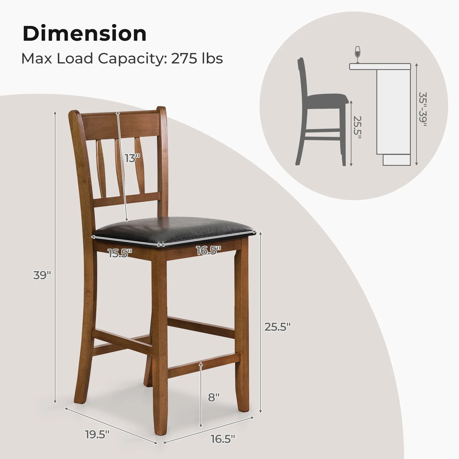 25.5 Inch Counter Height Bar Chair Set, Walnut, Padded Seat With Backrest - Image 5