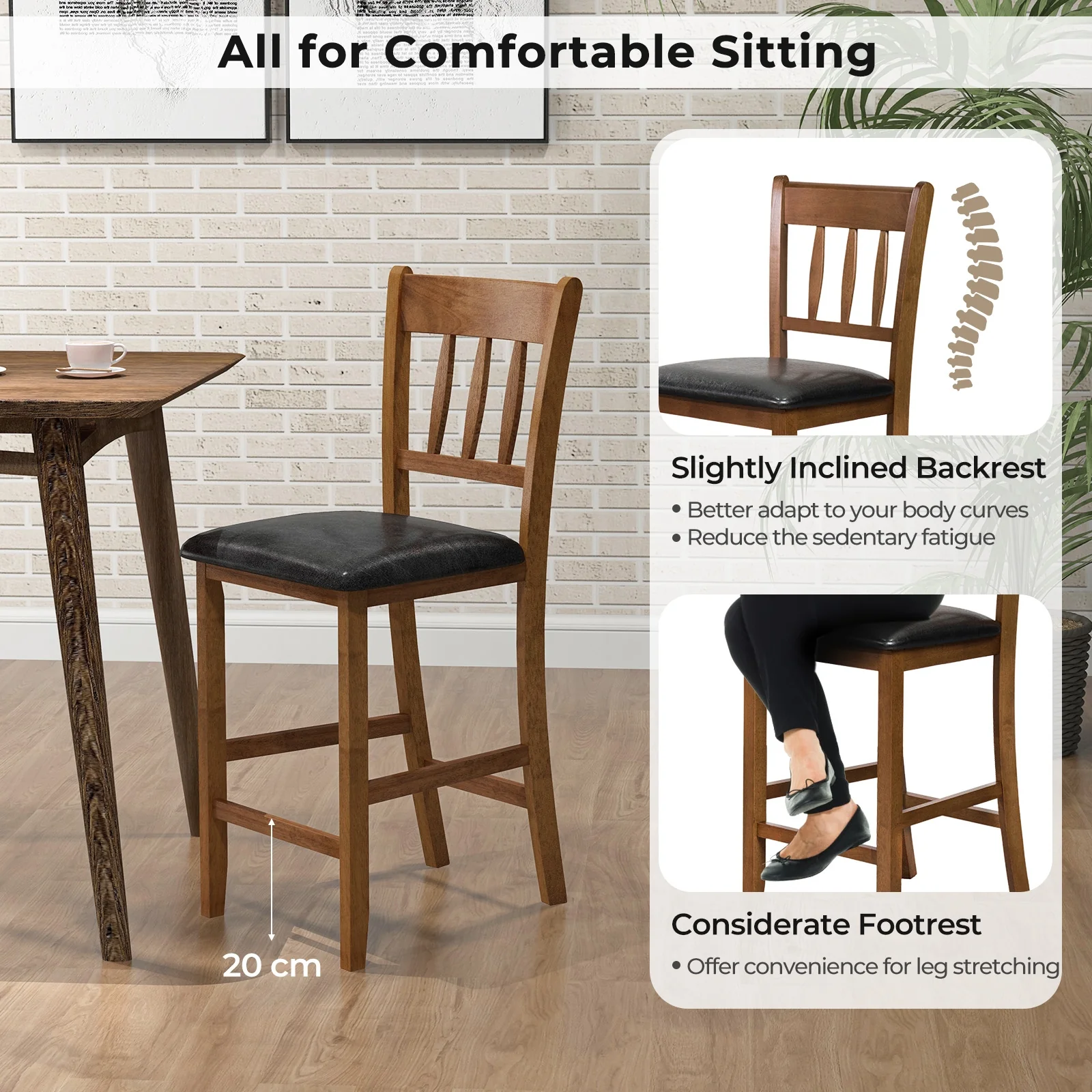 25.5 Inch Counter Height Bar Chair Set, Walnut, Padded Seat With Backrest - Image 8