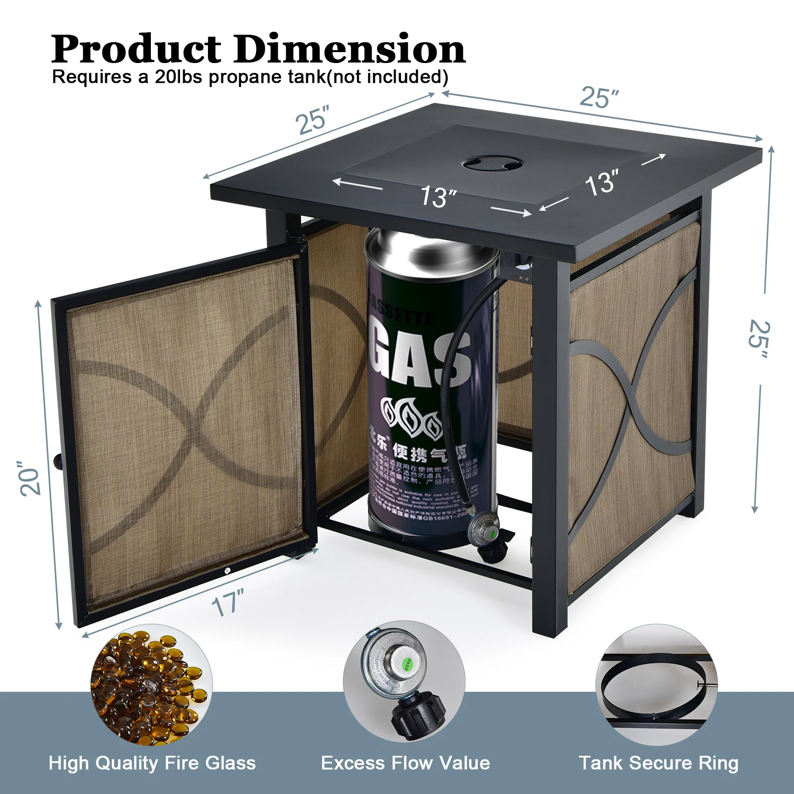 25 Inch 40000 BTU Propane Fire Pit Table, With Lid And Fire Glass, Multicolor - Image 6