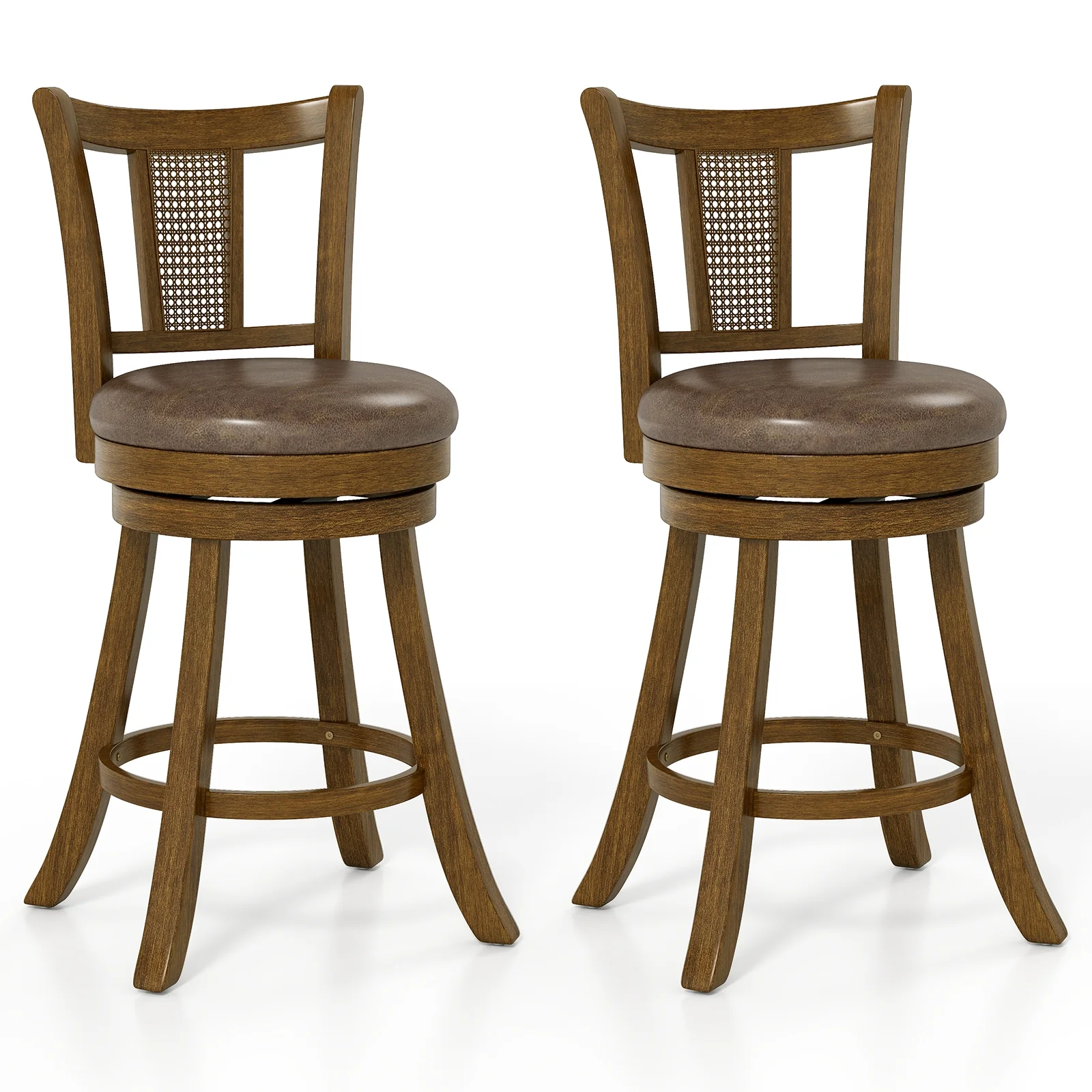 25 Inch Bar Stools Set of 2, PE Rattan Backrest, Rubber Wood Frame, Brown