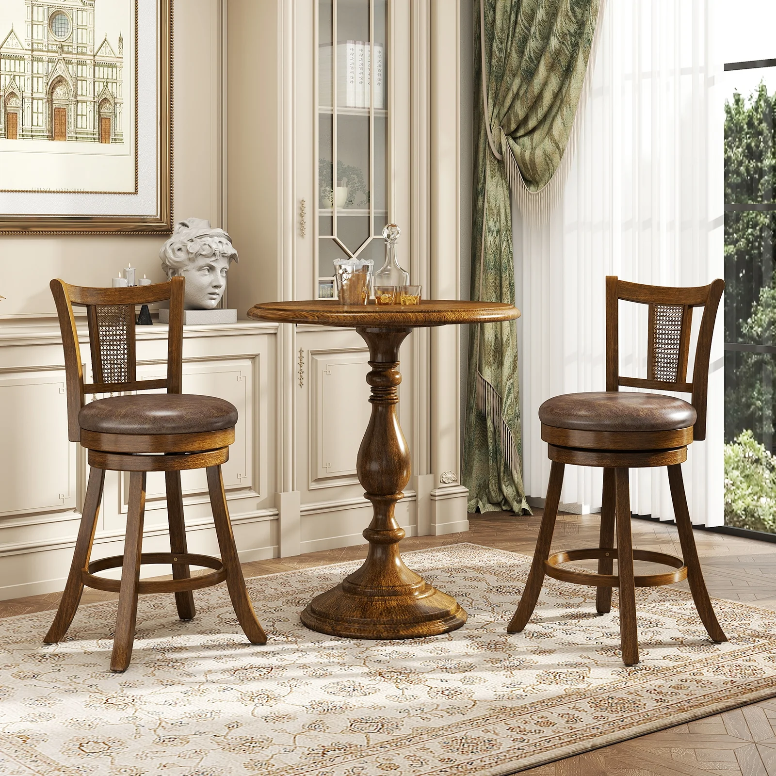25 Inch Bar Stools Set of 2, PE Rattan Backrest, Rubber Wood Frame, Brown - Image 2