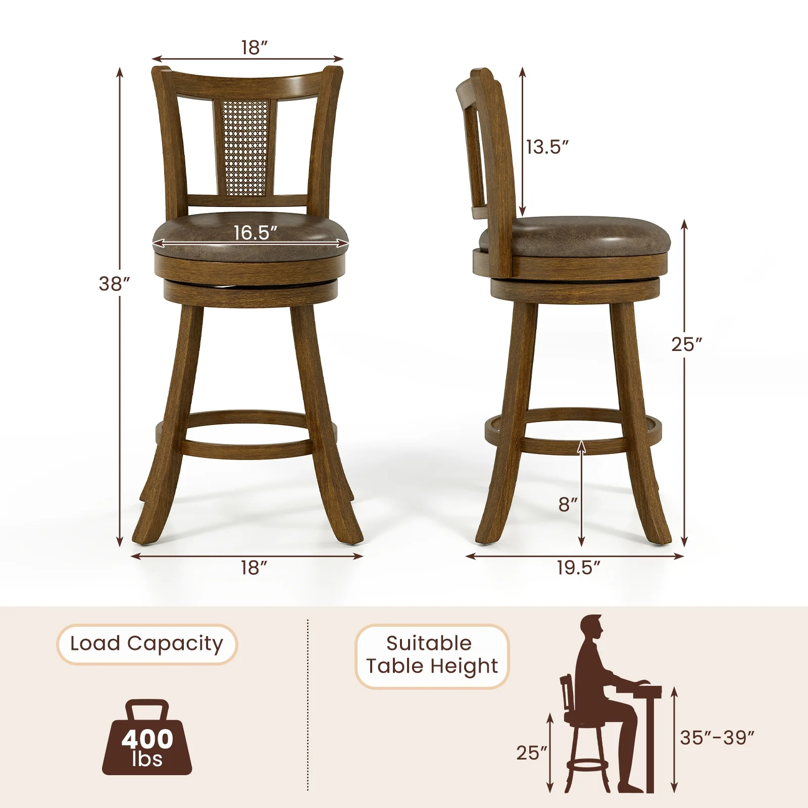 25 Inch Bar Stools Set of 2, PE Rattan Backrest, Rubber Wood Frame, Brown - Image 5