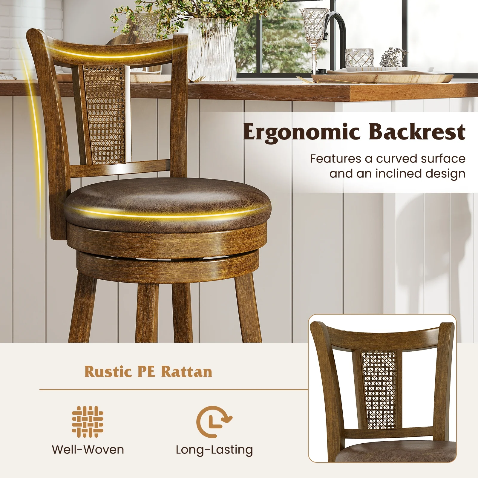 25 Inch Bar Stools Set of 2, PE Rattan Backrest, Rubber Wood Frame, Brown - Image 7