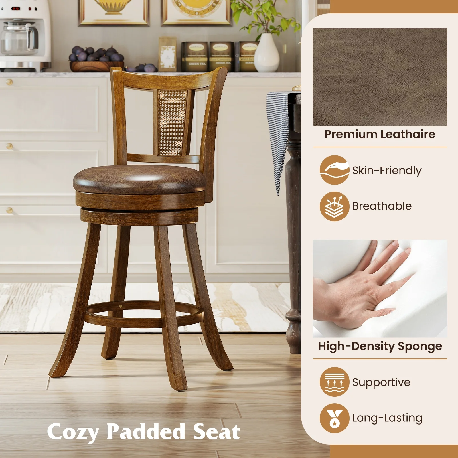 25 Inch Bar Stools Set of 2, PE Rattan Backrest, Rubber Wood Frame, Brown - Image 9