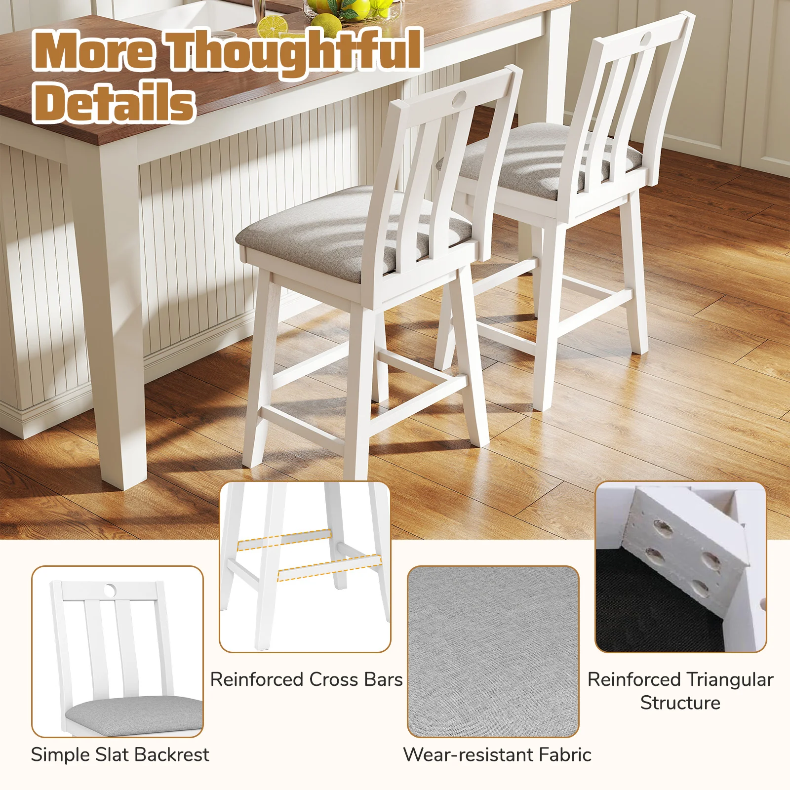 25 Inch Bar Stools Set of 2, Upholstered, 360° Rotation Seat, White - Image 10