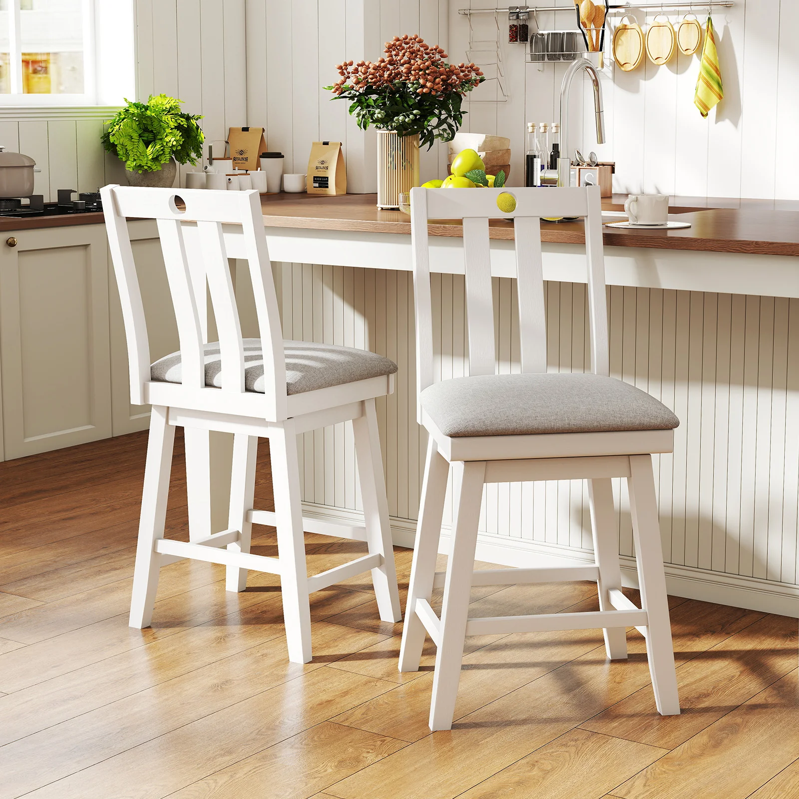 25 Inch Bar Stools Set of 2, Upholstered, 360° Rotation Seat, White - Image 2