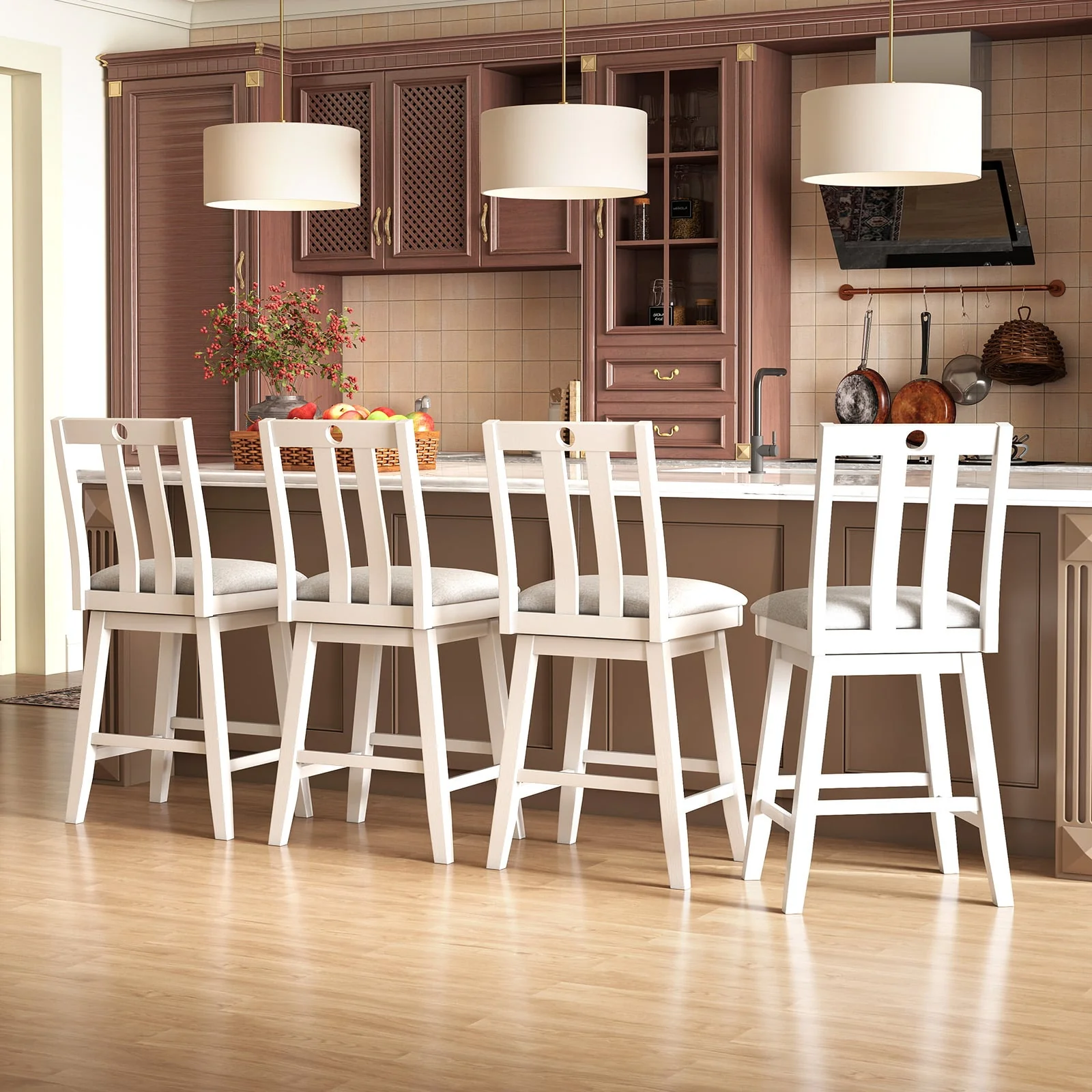25 Inch Bar Stools Set of 2, Upholstered, 360° Rotation Seat, White - Image 3