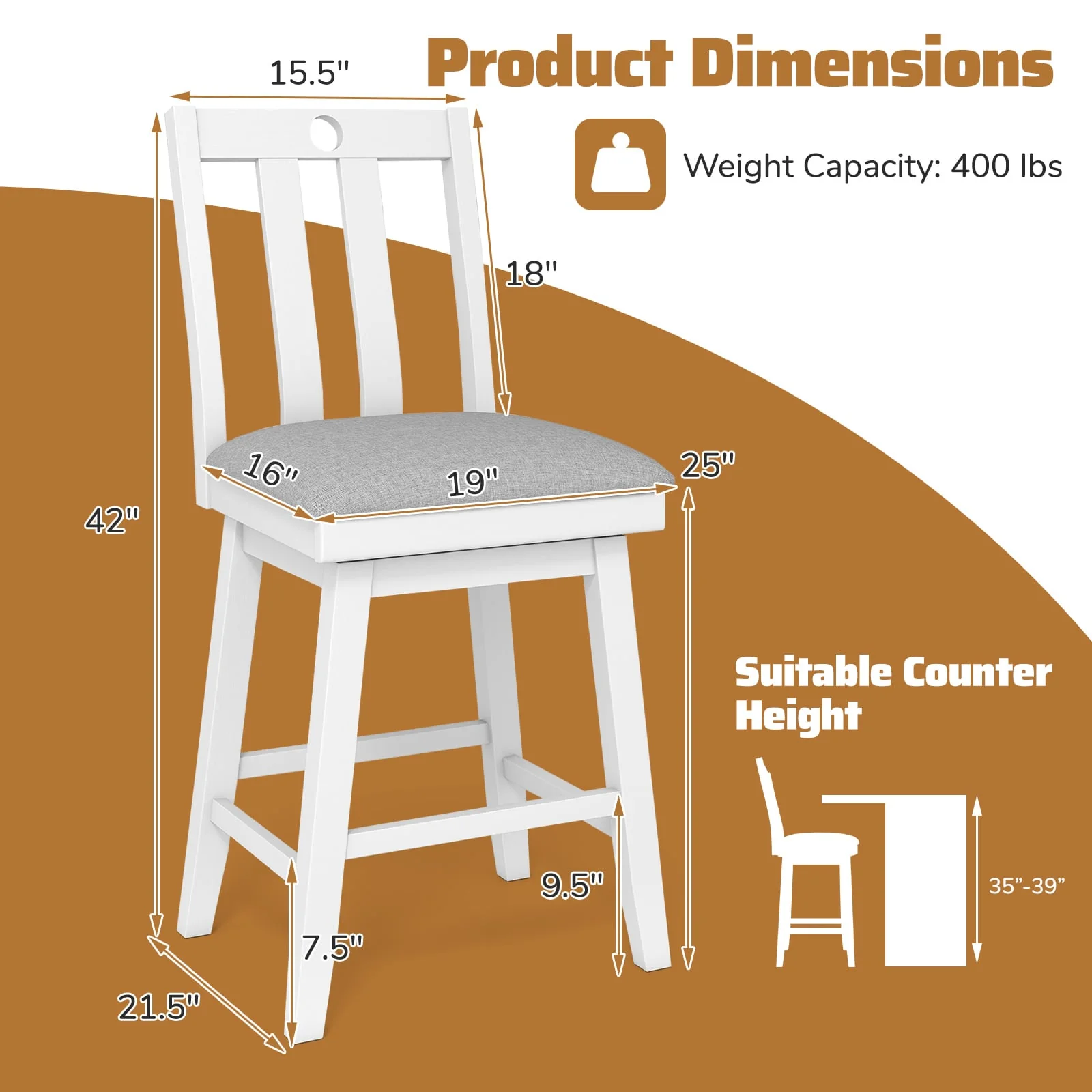 25 Inch Bar Stools Set of 2, Upholstered, 360° Rotation Seat, White - Image 5