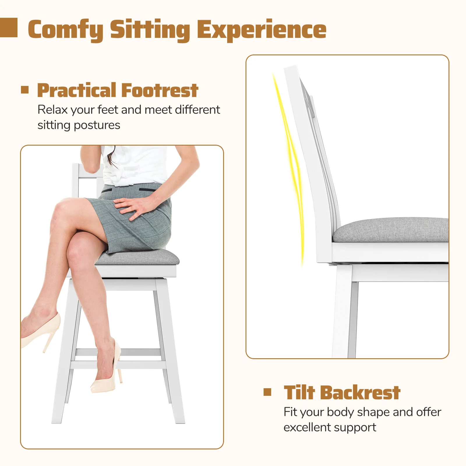 25 Inch Bar Stools Set of 2, Upholstered, 360° Rotation Seat, White - Image 7