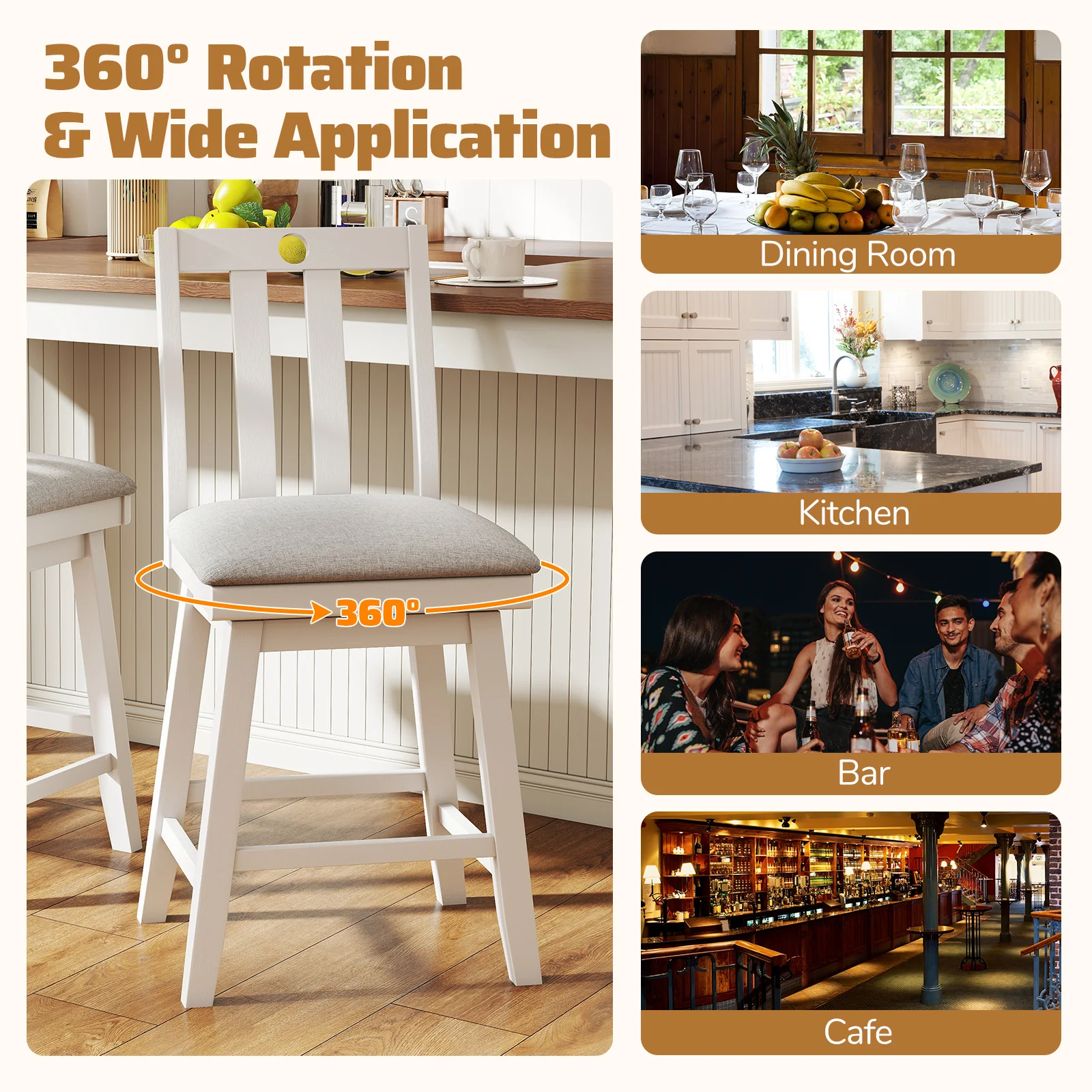 25 Inch Bar Stools Set of 2, Upholstered, 360° Rotation Seat, White - Image 9