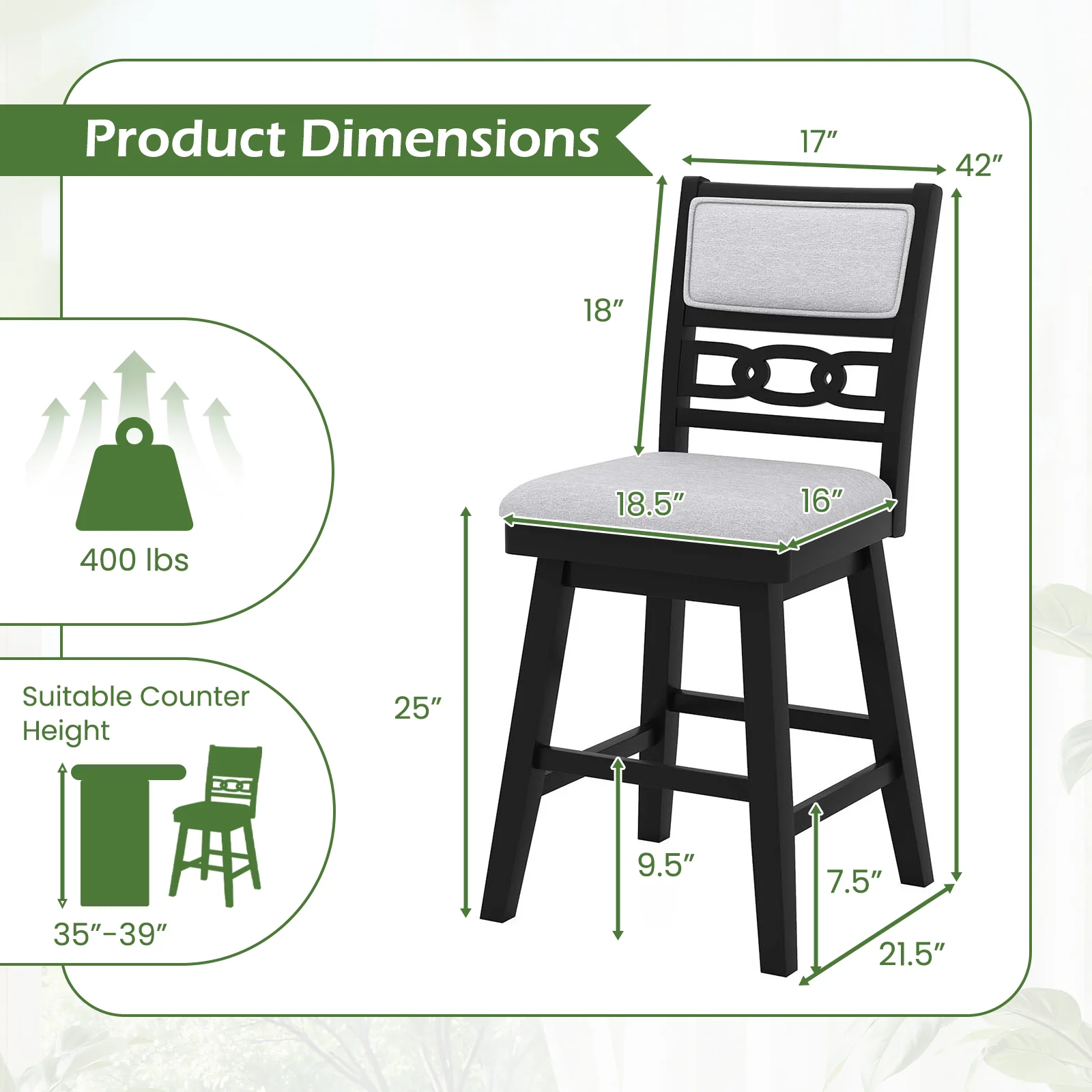 25 Inch Bar Stools, Set of 2, Upholstered Backrest, 360° Rotation Seat, Black - Image 5