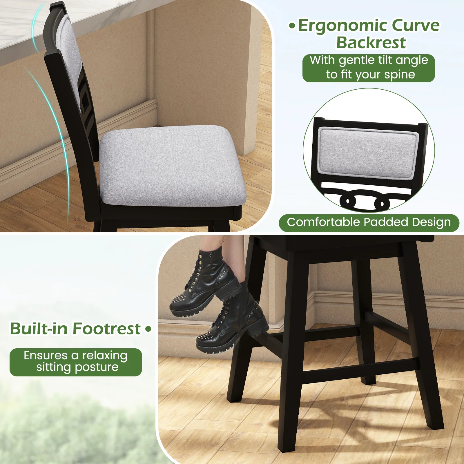 25 Inch Bar Stools, Set of 2, Upholstered Backrest, 360° Rotation Seat, Black - Image 7