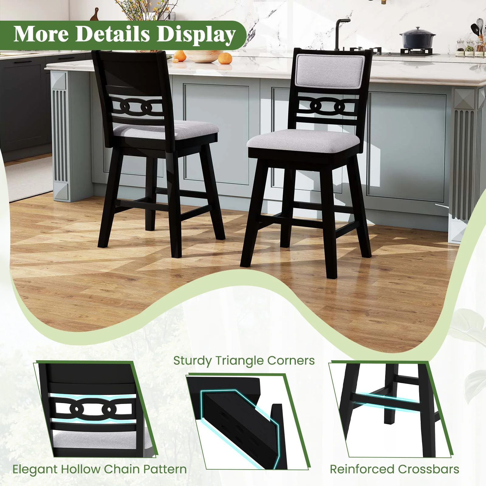25 Inch Bar Stools, Set of 2, Upholstered Backrest, 360° Rotation Seat, Black - Image 9