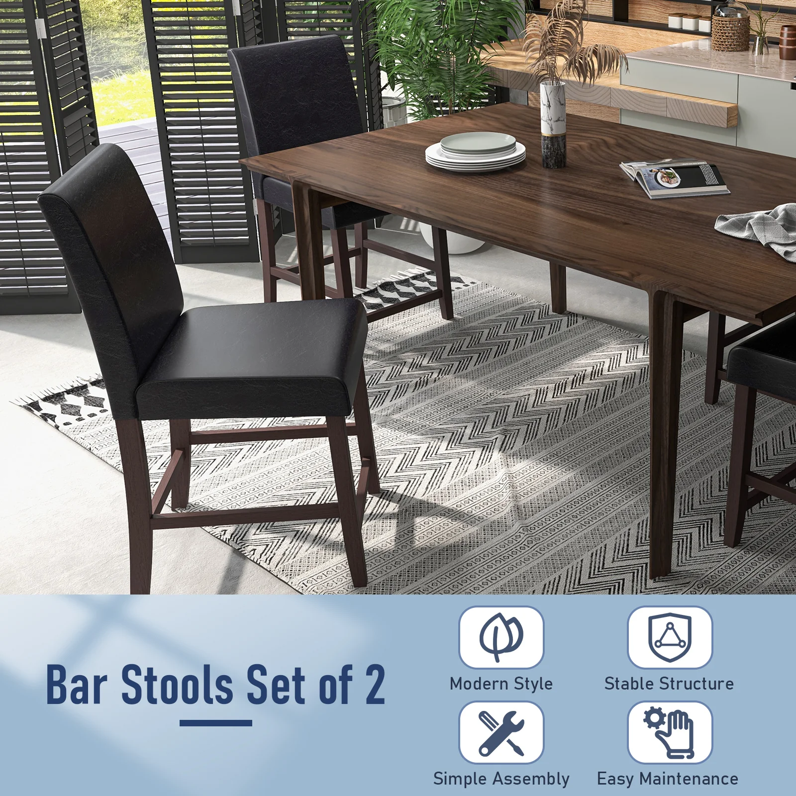 25 Inch Counter Height Bar Stools, Set of 2, Black - Image 6